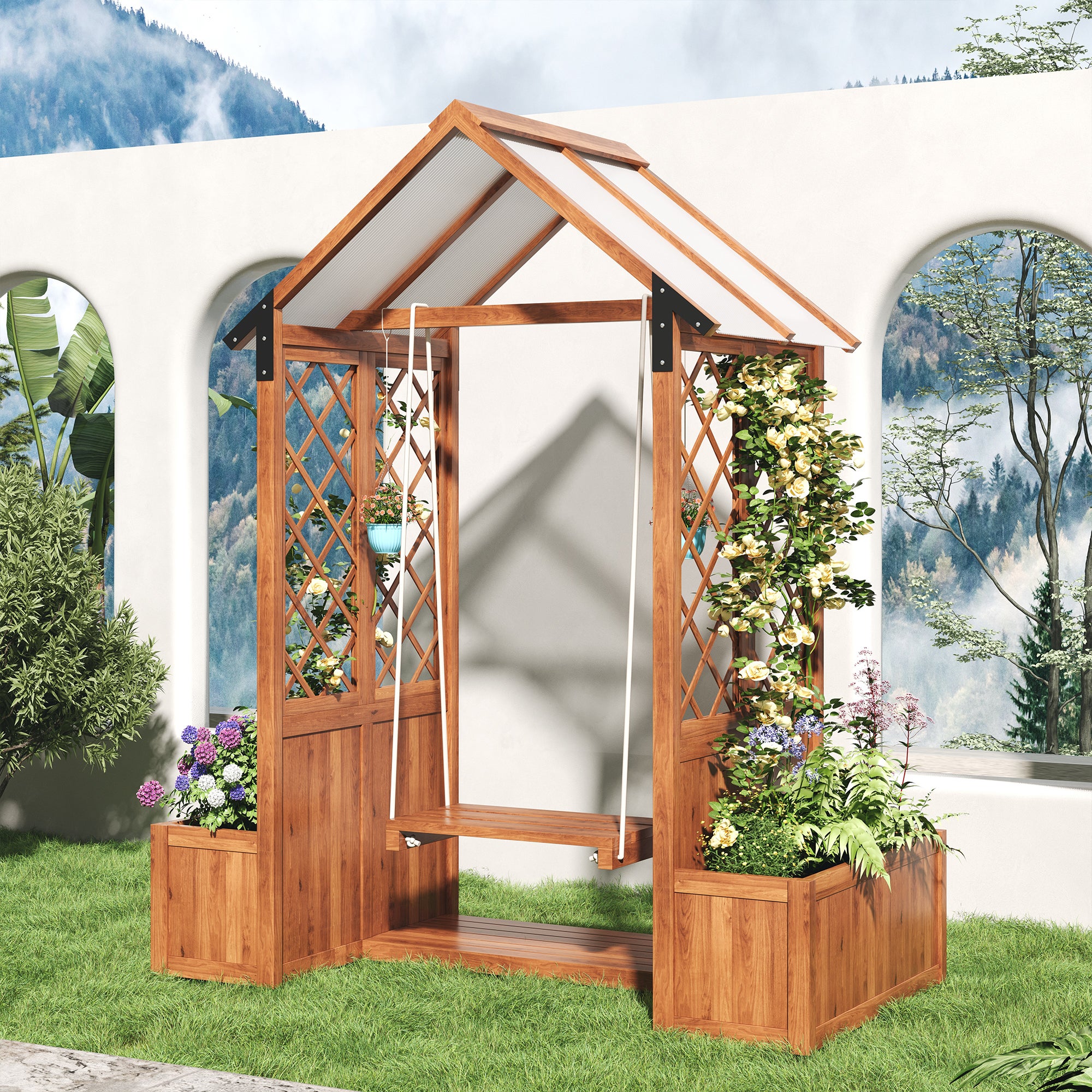 Balancelle de jardin en bois massif avec toit + lot de 2 Jardinière pour Plante Grimpante Vigne - 142 x 70 x 163 cm - Marron - 5