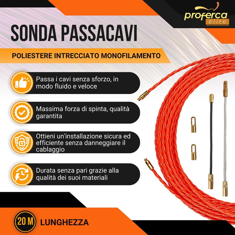 Aiguille Electricien | Guide Passe-câbles Professionnel de 4,5 mm et 20 Mètres en Polyester Tressé avec Embouts Interchangeables - 9