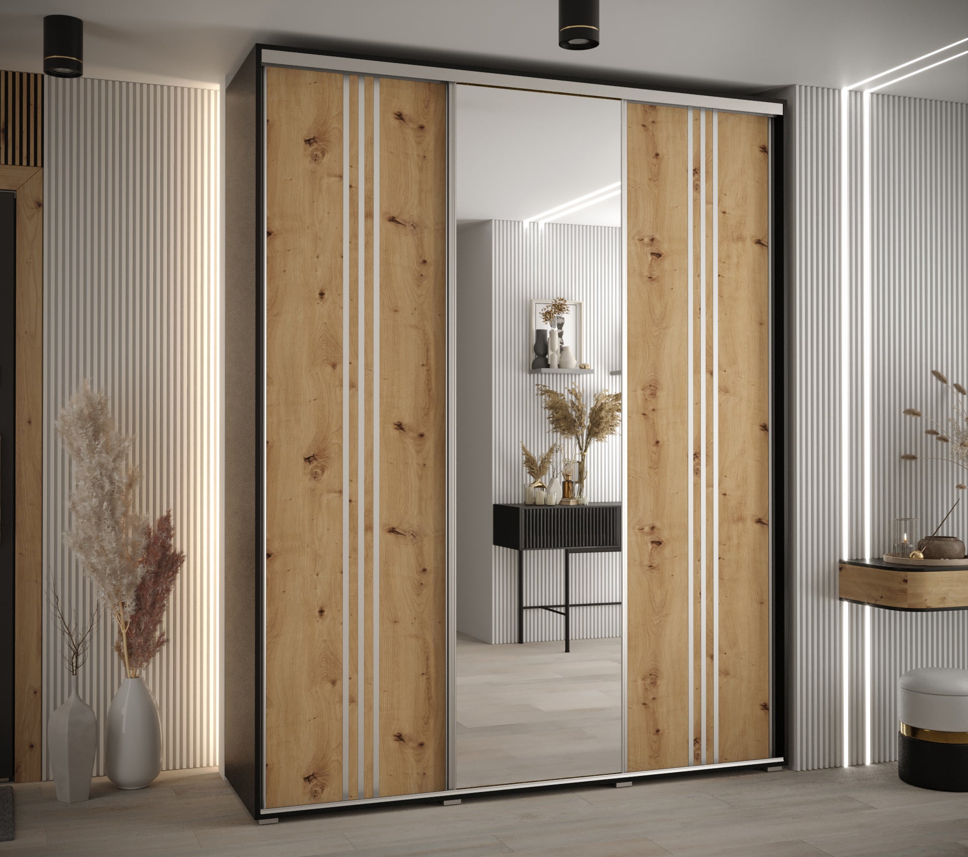 Szafa przesuwna z lustrem wysoka Davos 7 200 x 45 x 235,2 cm czarny + artisan + u. srebrny - Abiks Meble - 2