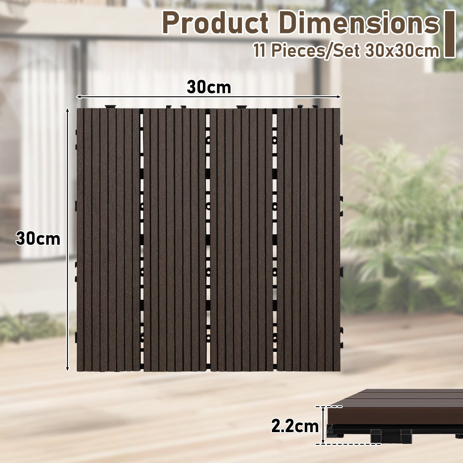 Lot de 99 dalles de Terrasse Clipsable 30 X 30 cm Revêtement Extérieur Pour Jardin Balcon Piscine Marron café - 2