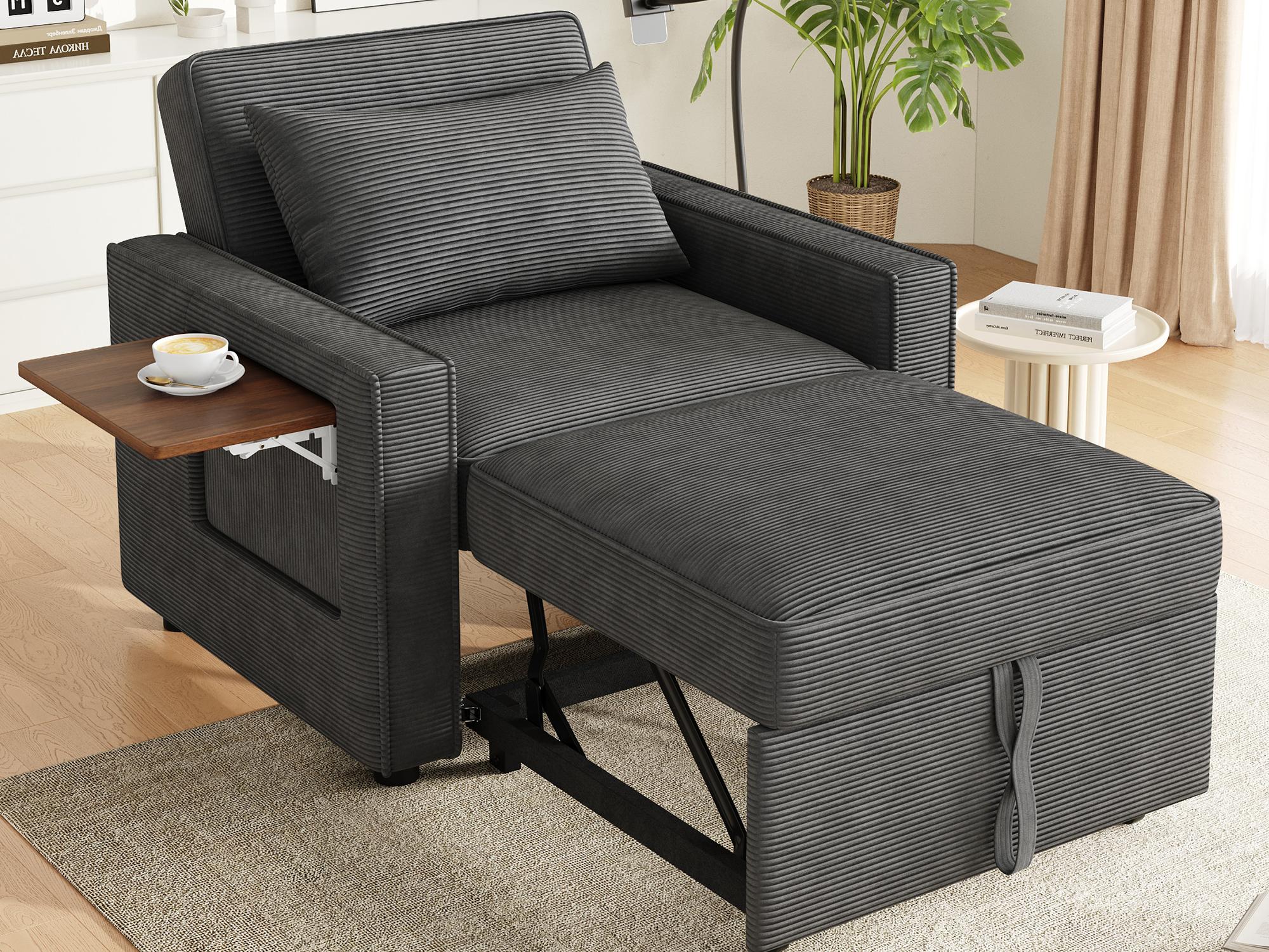 Wielofunkcyjna sofa rozkładana - z portami ładowania USB - z uchwytem na telefon - tkanina Corduroy - szara