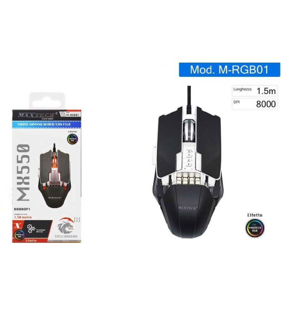 Trade Shop - Mouse Gaming Con Cavo Luci Rgb Pulsanti 8000 Dpi Per Laptop Pc M-rgb01 - - 2
