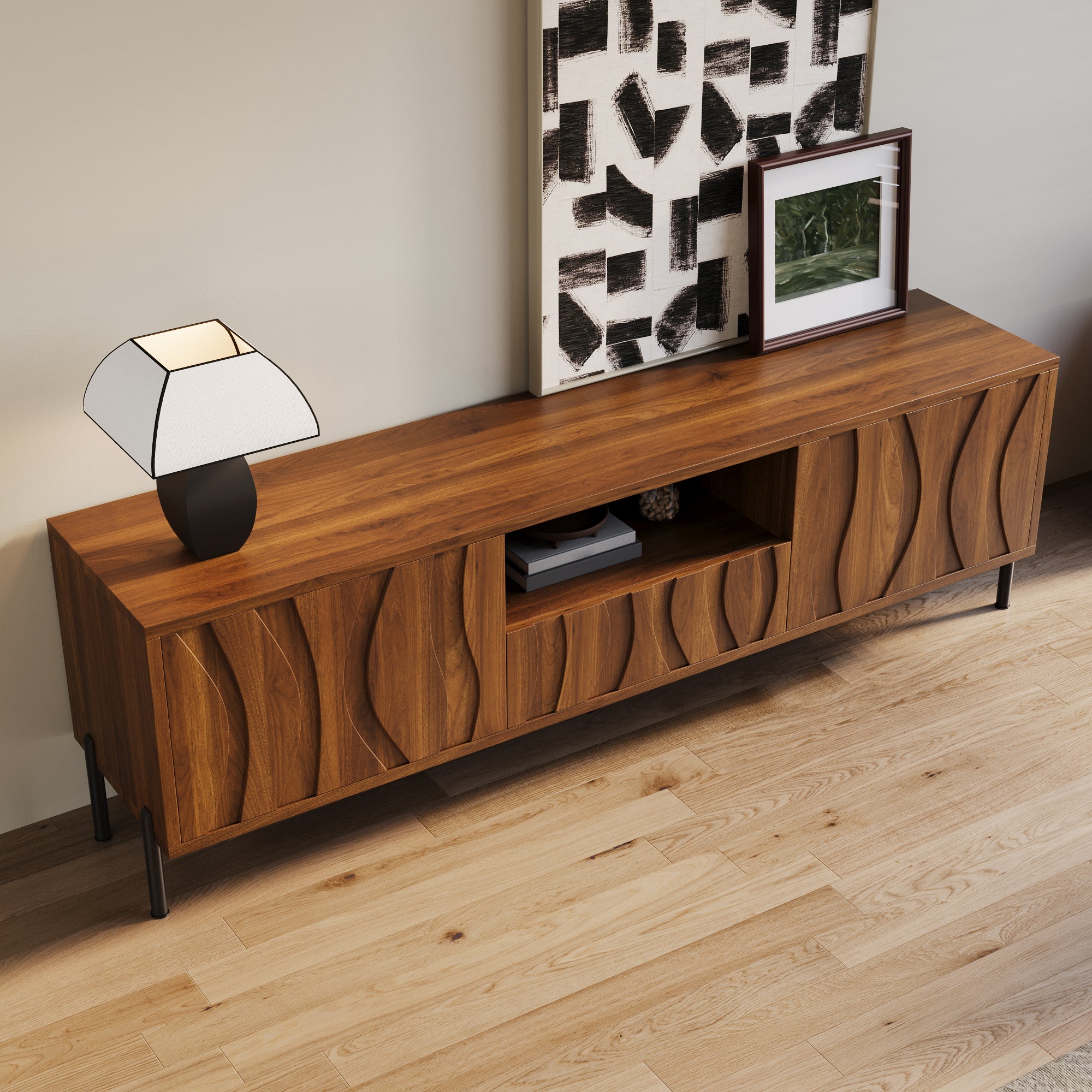 Stolik pod TV z 2 drzwiami, 1 szufladą i 1 otwartą przegrodą - 160 x 35 x 46 cm - MDF i metalowe nogi - Naturalny - 8