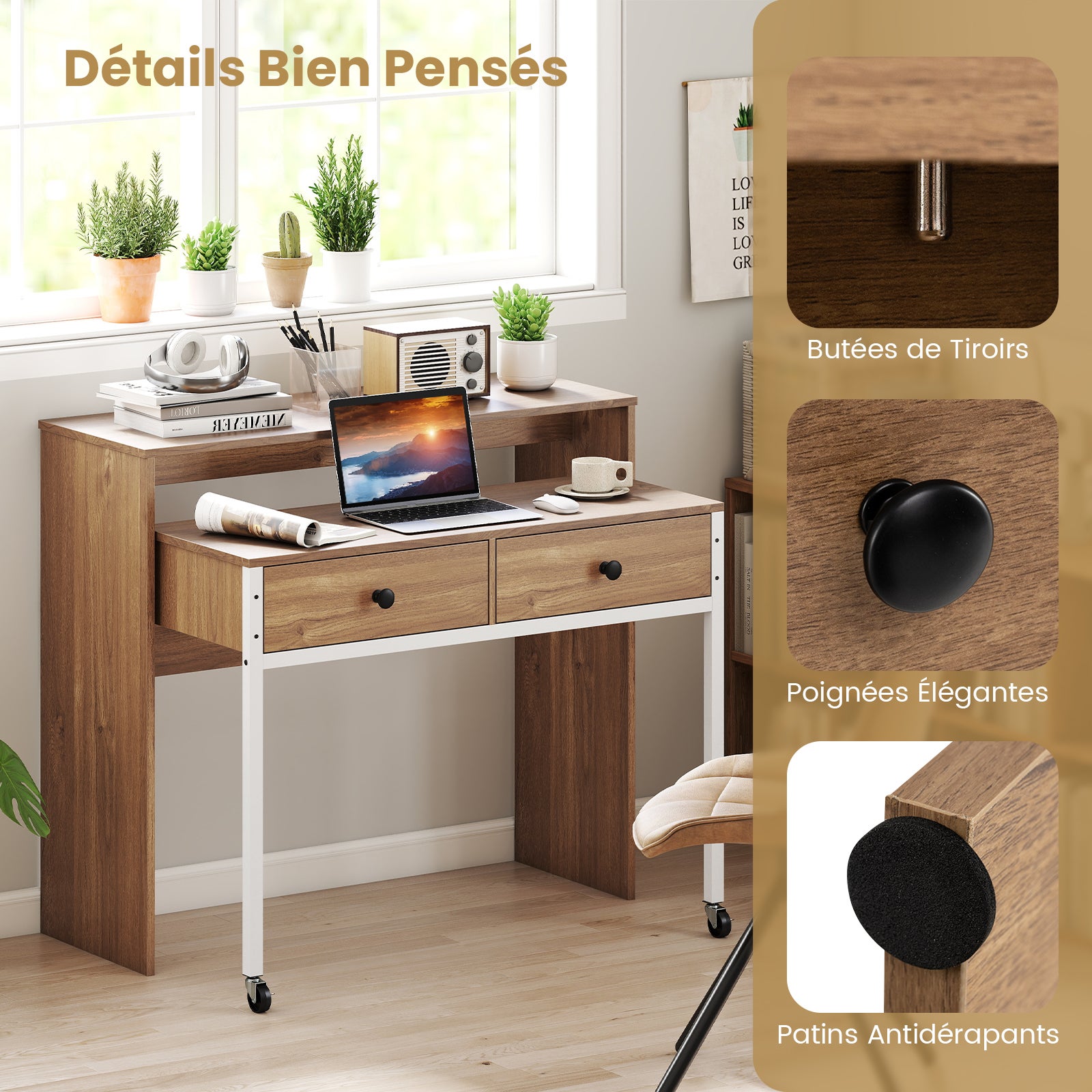 Bureau Extensible Mobile, Table d'Ordinateur Gain de Place avec Tiroirs, Bureau Console en Bois Compacte avec Roulettes pour Salon, Chambre, Naturel - 7