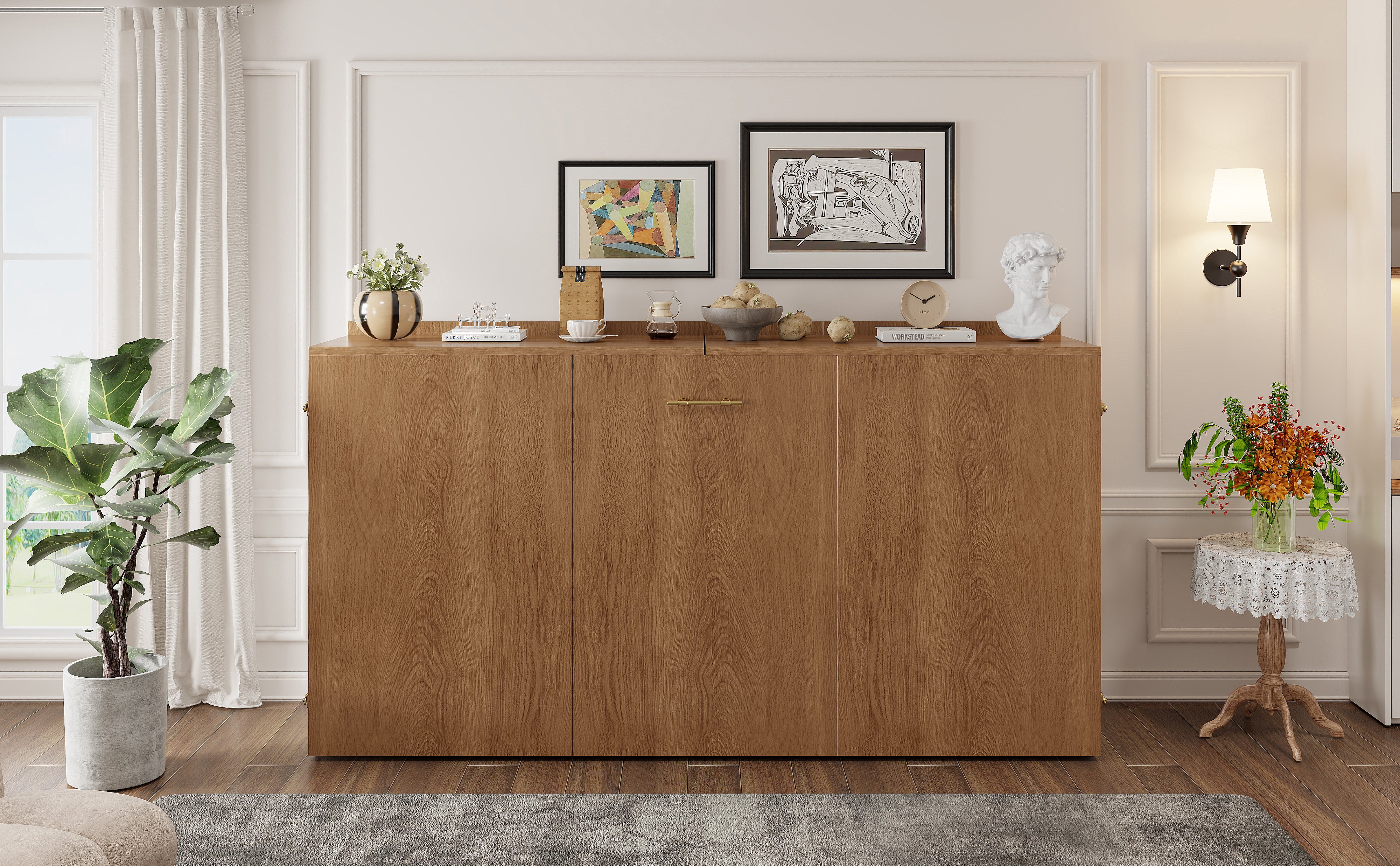 Łóżko chowane w ścianie 140 x 200 cm z materacem lnianym – Metal i drewno – Oszczędny w miejscu system składania z cichymi kółkami – Drewno - 7