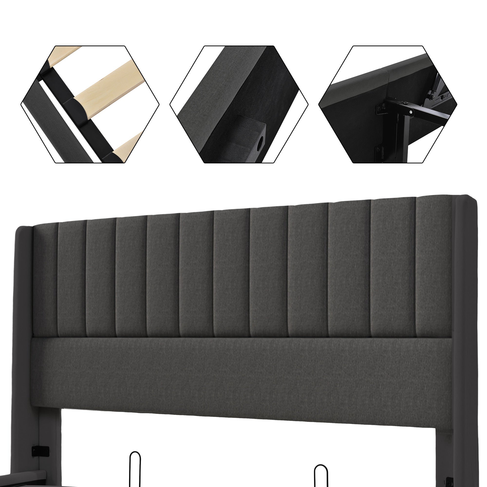 Cama contenedor tapizada 160x200 cm en lino con somier de láminas - Gris - 7