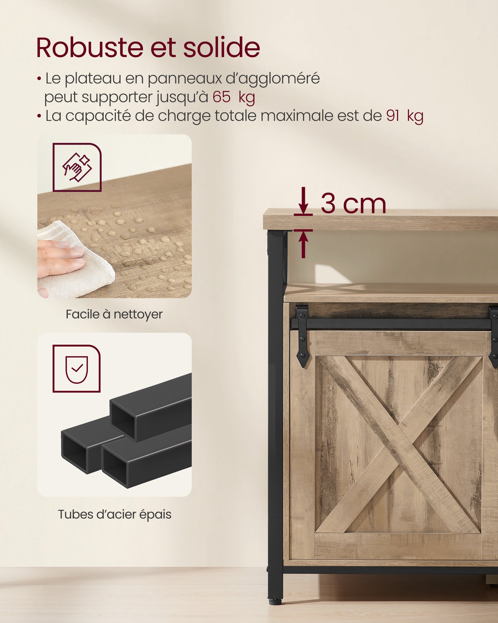 Meuble TV, avec Étagères Réglables, Portes Imitation Grange, Style Rustique, Cadre en Métal, Marron Camel et Noir Simple - 5