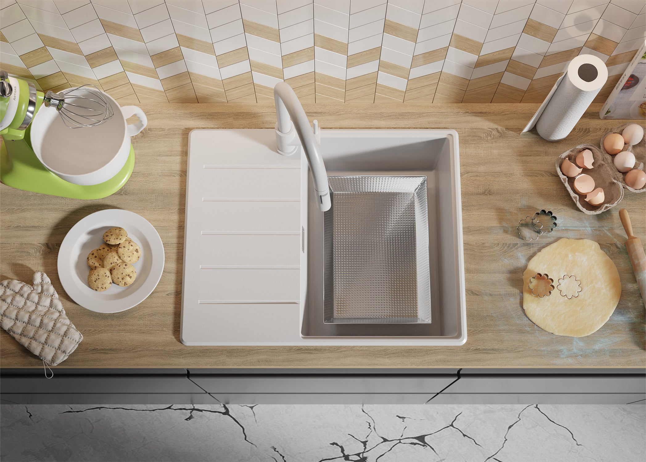 Lavandino da Cucina Bianco 62x50cm, Lavello in Granito a 1 vasca + Sifone Classico + Accessori, Lavabo da Cucina Incasso al mobile 45cm PRIMAGRAN - 4