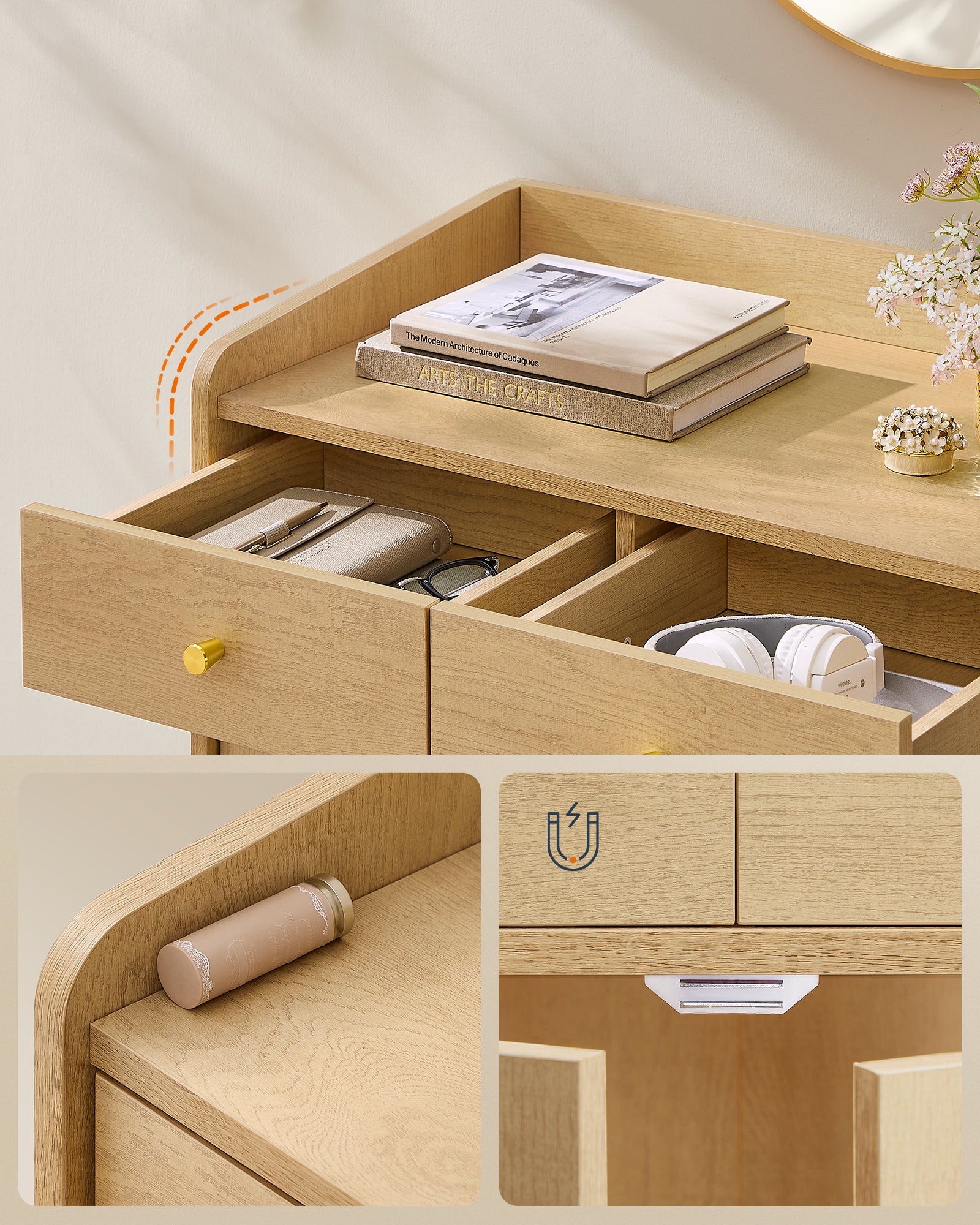 Buffet Cannage SONGMICS BOHOVEN - Meuble Rangement Bohème, Portes Et Tiroirs, Beige Chêne