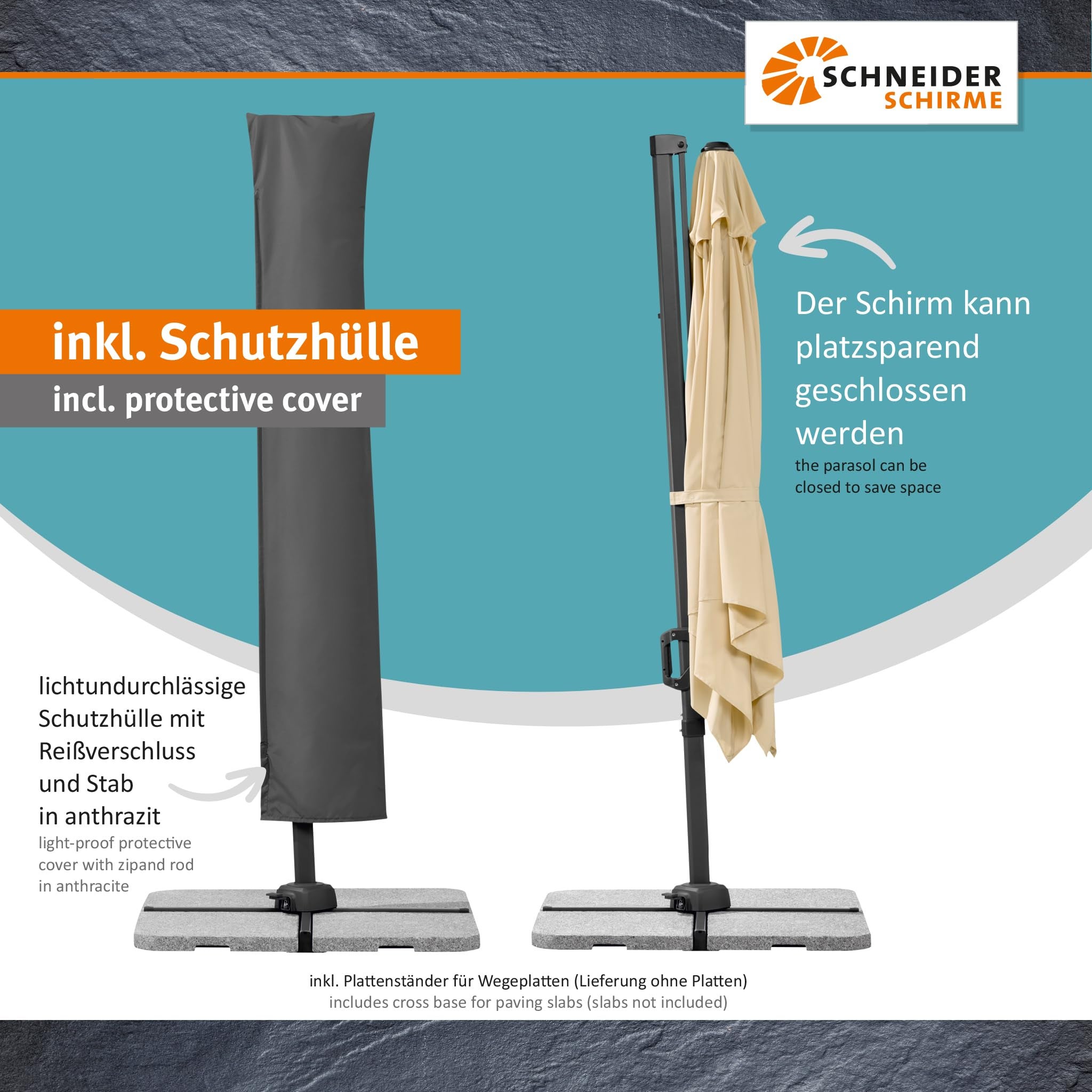 Parasol déporté Schneider Vivasol naturel, 270 x 270 cm – rotatif 360°, inclinable, avec housse et support pour dalles - 3