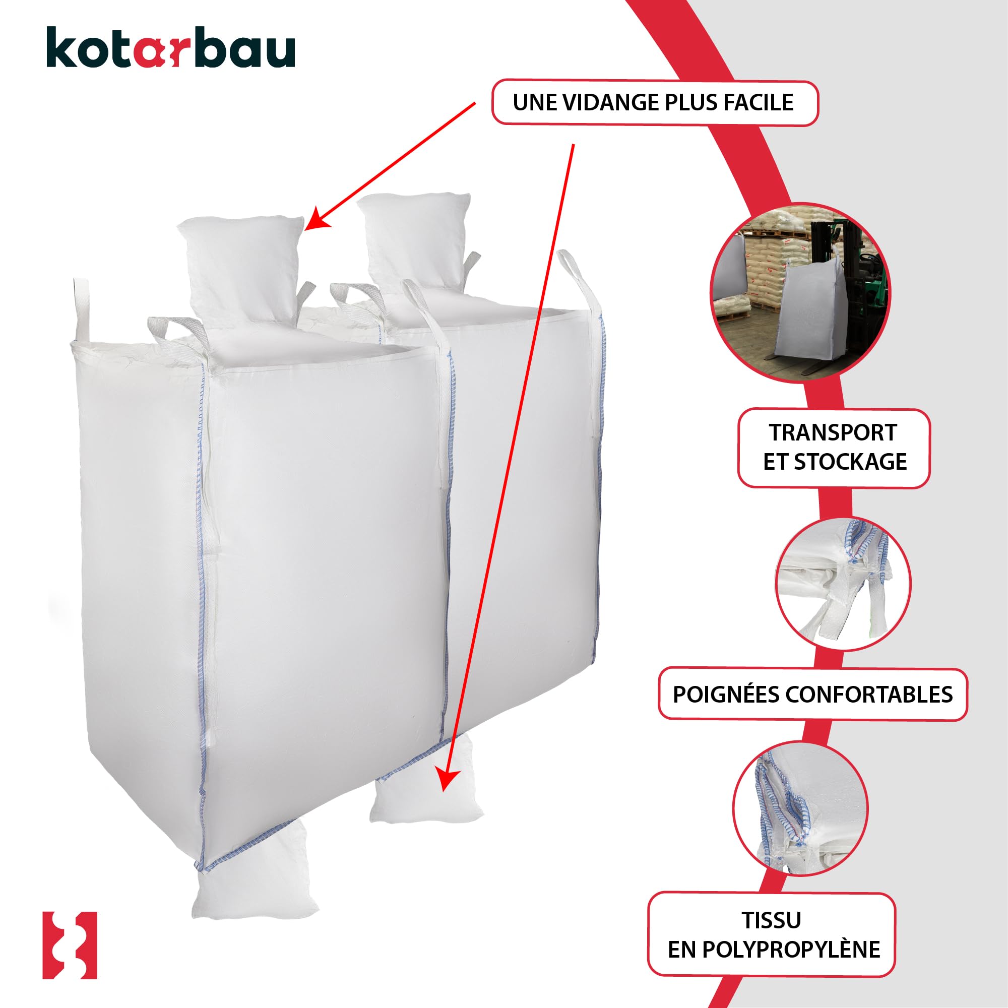 Sac Big Bag Vide, Sac Gravat Chantier 90 x 90 x 160 cm 1000 kg avec trémie de vidange 2 pièces - KOTARBAU - 5
