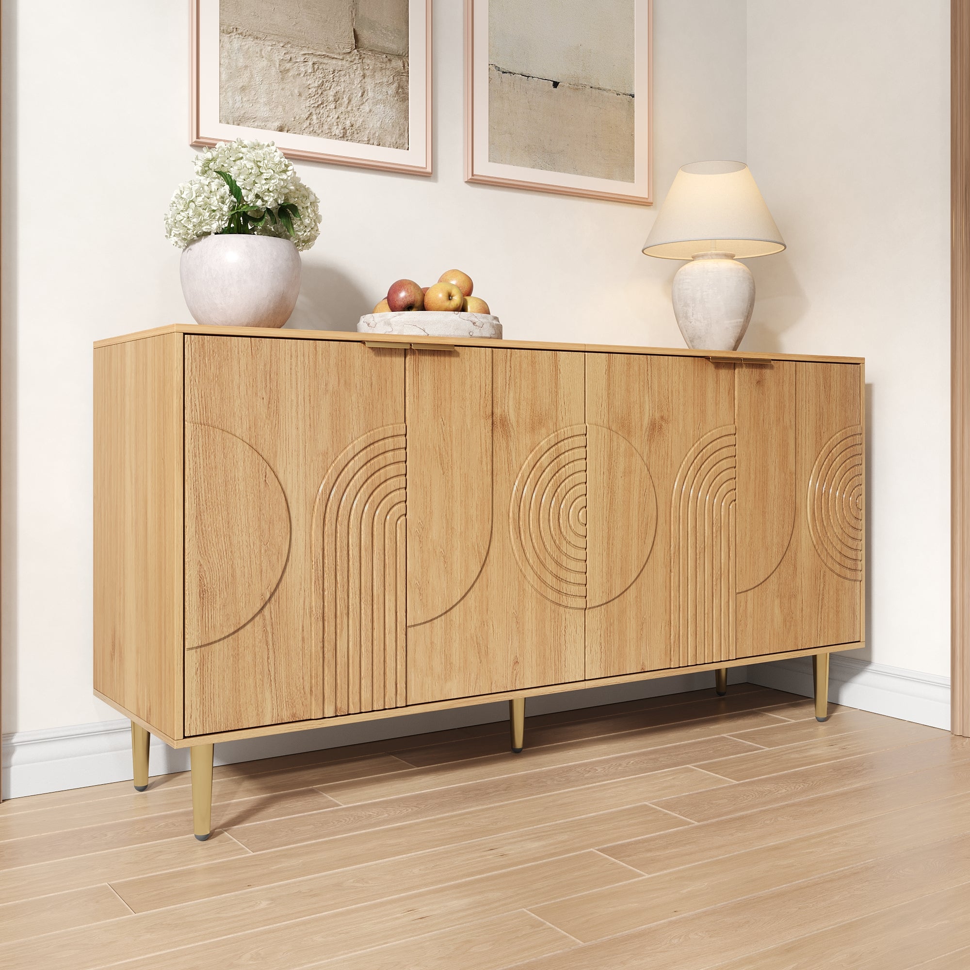 Nowoczesny kredens 140 x 40 x 72 cm - 4 drzwi - Wykończenie drewniane - Regulowane półki - Metalowe nogi - MDF - Naturalny