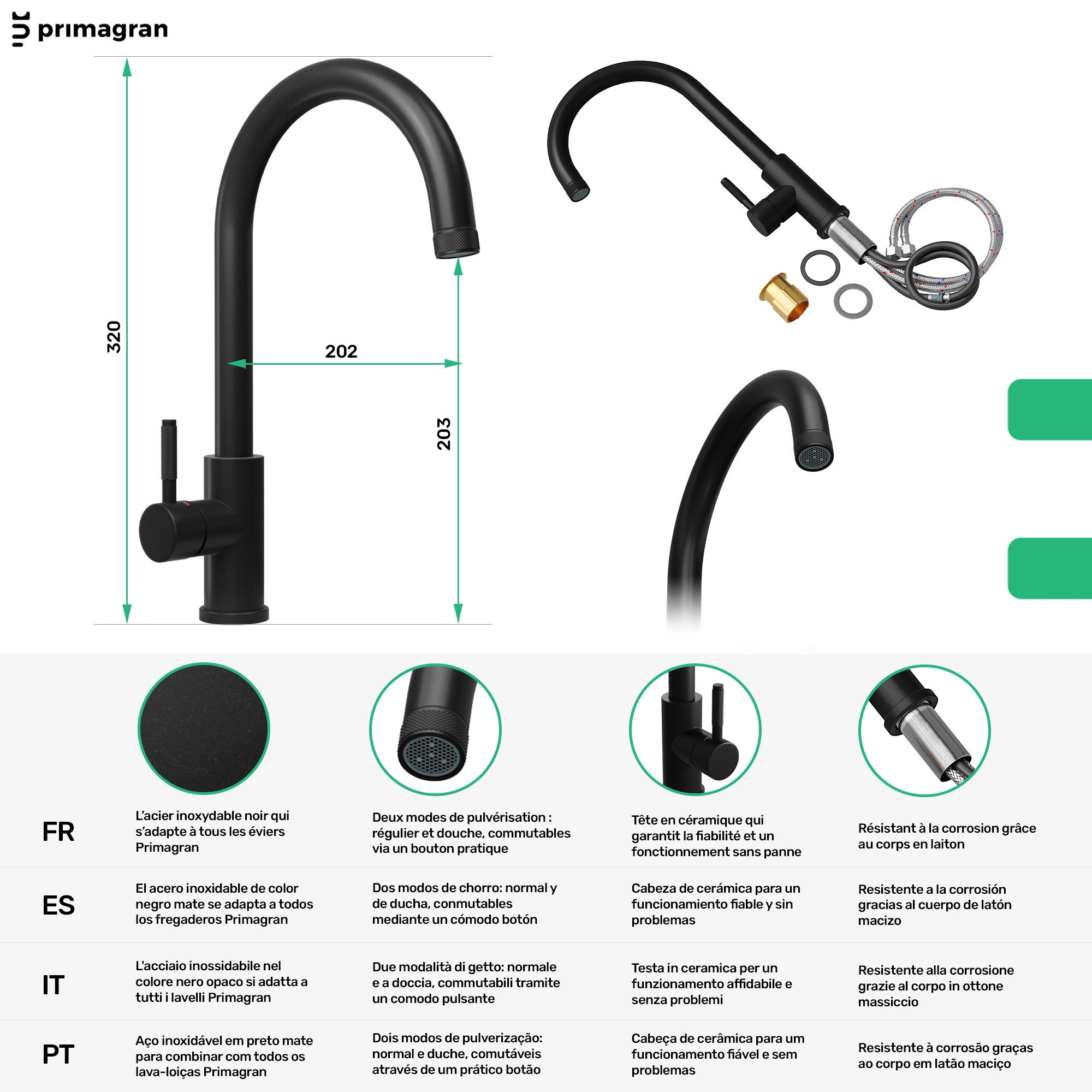 PRIMAGRAN Robinet de cuisine 5010 noir, mitigeur haute pression, robinet d'évier rotation 360° - 7