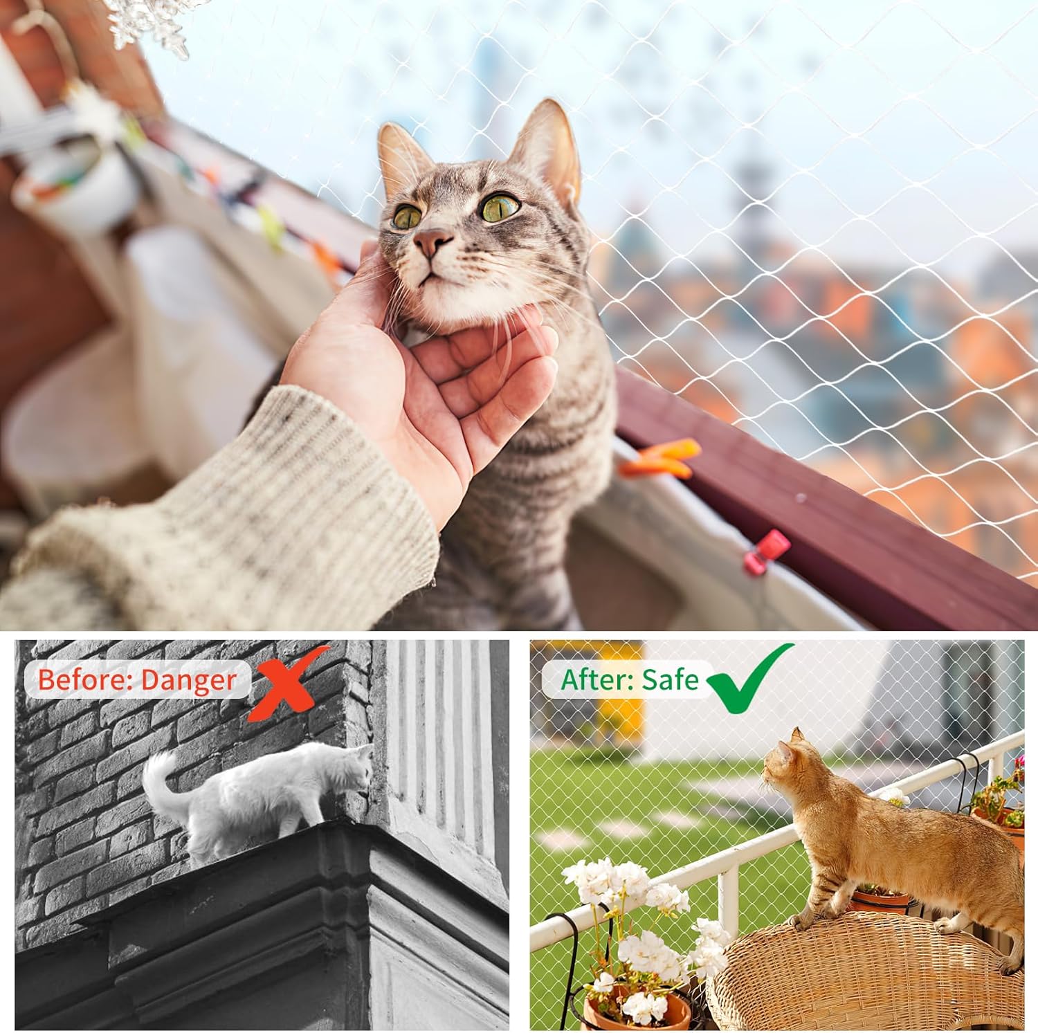 Cerca para gatos na varanda, rede antiqueda, cerca de malha de nylon, furos de 2,5 cm, branca, com acessórios, 4 m x 3 m - 5