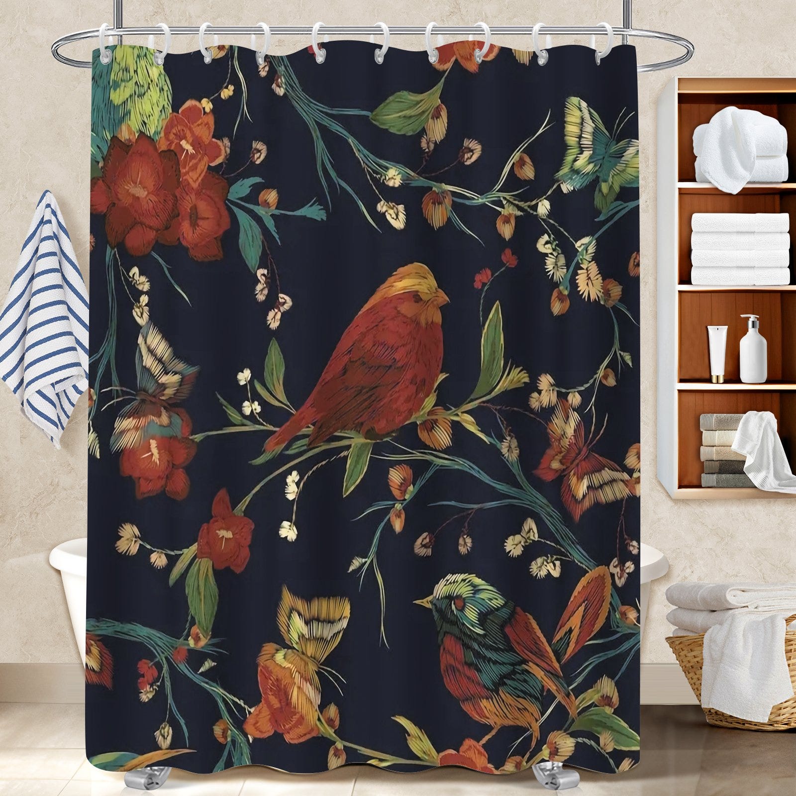 Voile de douche polyester imprimé oiseaux et fleurs, Antifongique avec ...