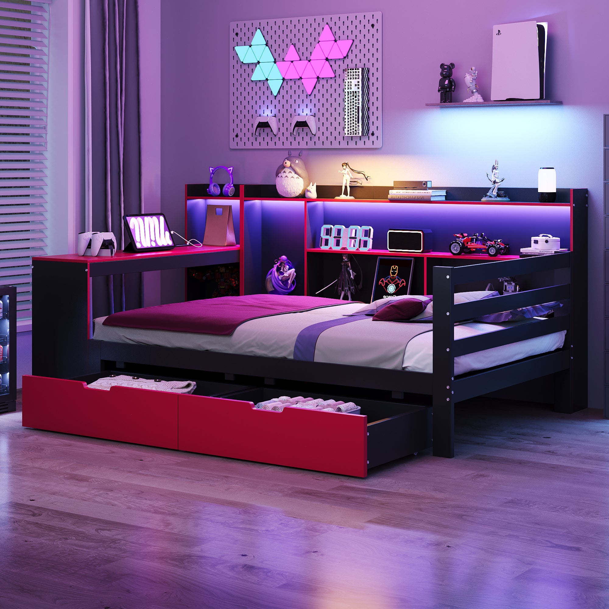 Sofa rozkładana 90 x 200 cm - ze schowkami - zintegrowanym oświetleniem - gniazdkiem elektrycznym - 2 szuflady - czarno-czerwona (bez materaca)