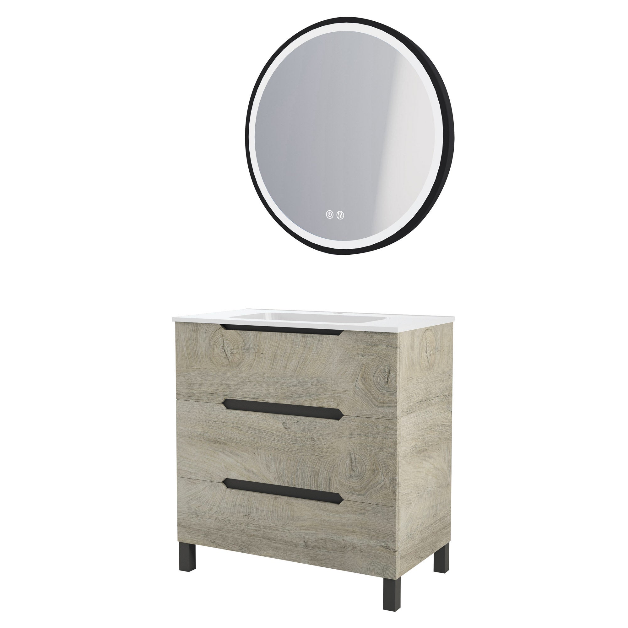 ONDÉE - Meuble à poser collection PALLAS - Plan céramique double vasque extra-plat 18mm - 6 Tiroirs à fermeture progressive - Miroir assorti inclus - Largeur 120cm - mélaminé Chêne Clair