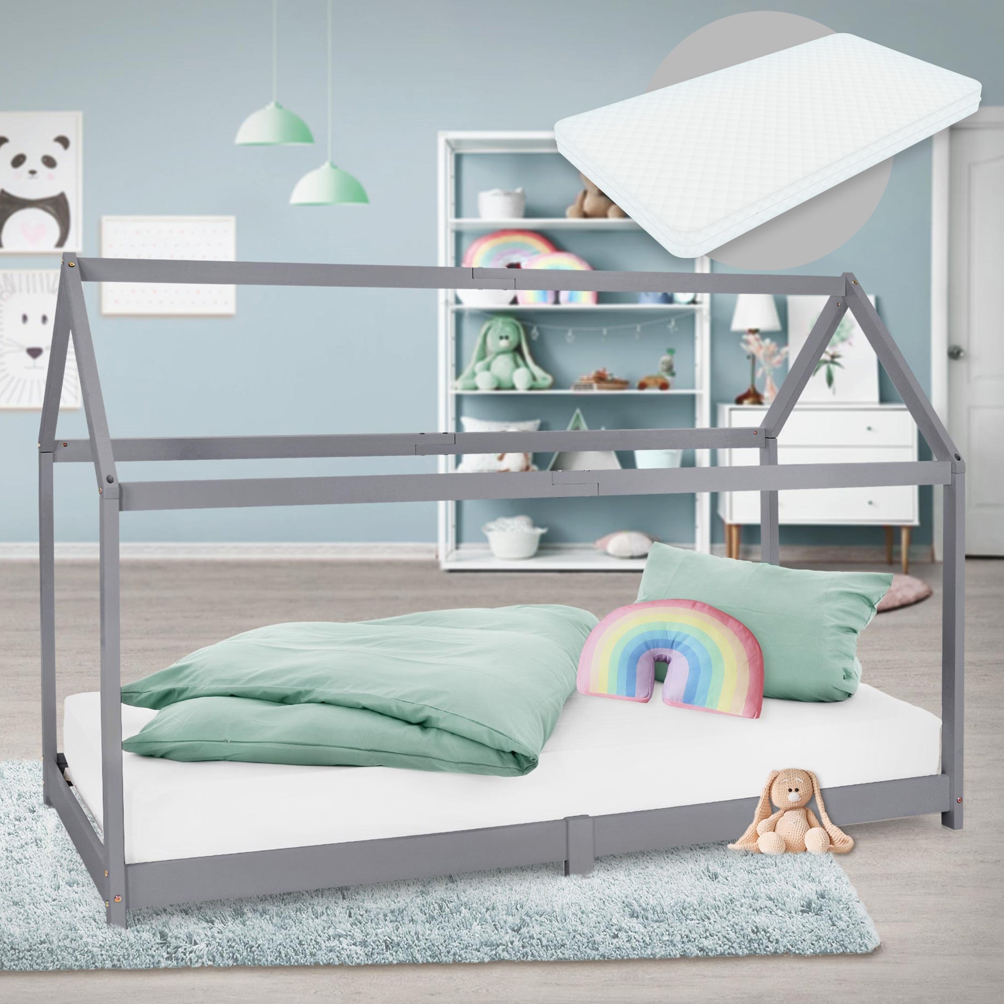 Lit cabane enfant 90x200 cm gris clair bois de pin massif avec matelas H16cm, toit et sommier à lattes, couchage au sol maisonnette - 2
