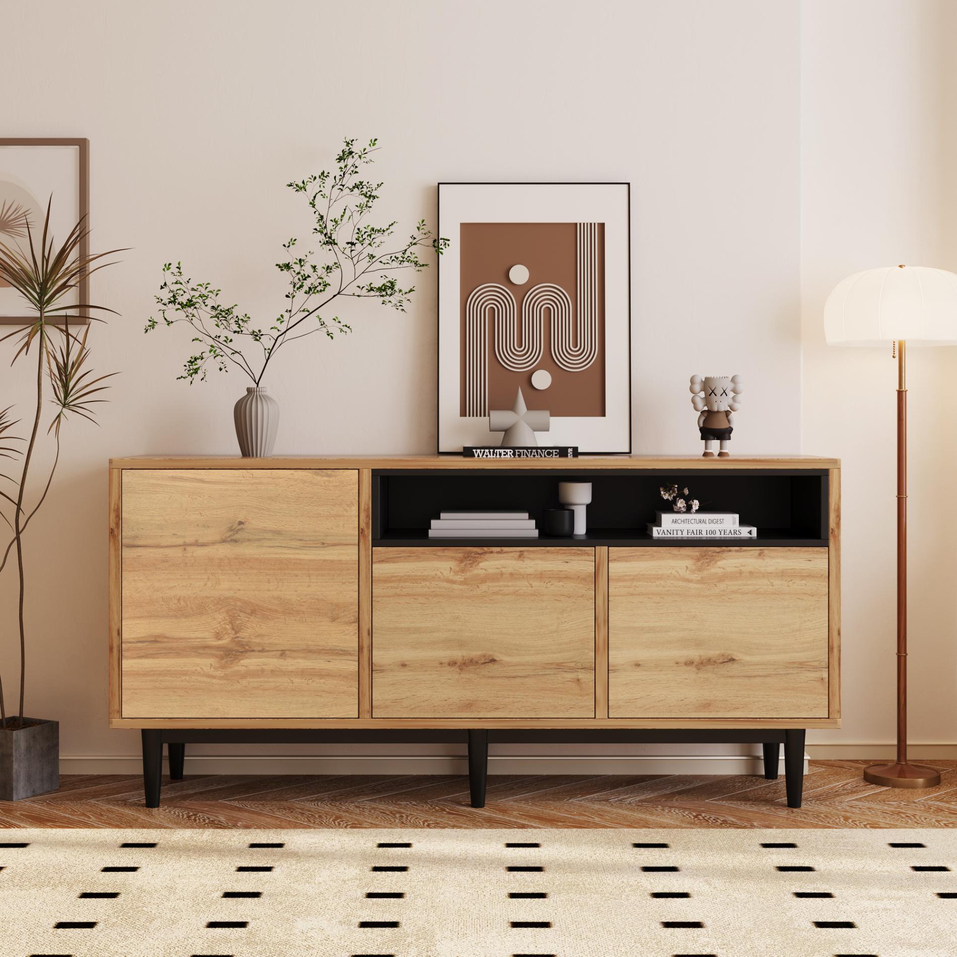 Nowoczesny drewniany kredens z trzema drzwiczkami i regulowanymi półkami, 160x35x76 cm, elegancki i solidny design