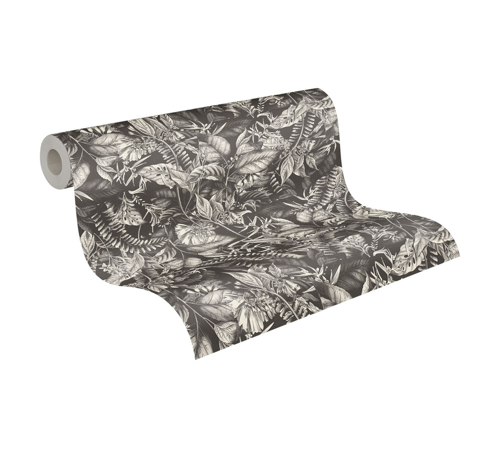 Tapeta tropikalne liście czarnymIbiałym - 53 cm x 10.05 m - LIVINGWALLS