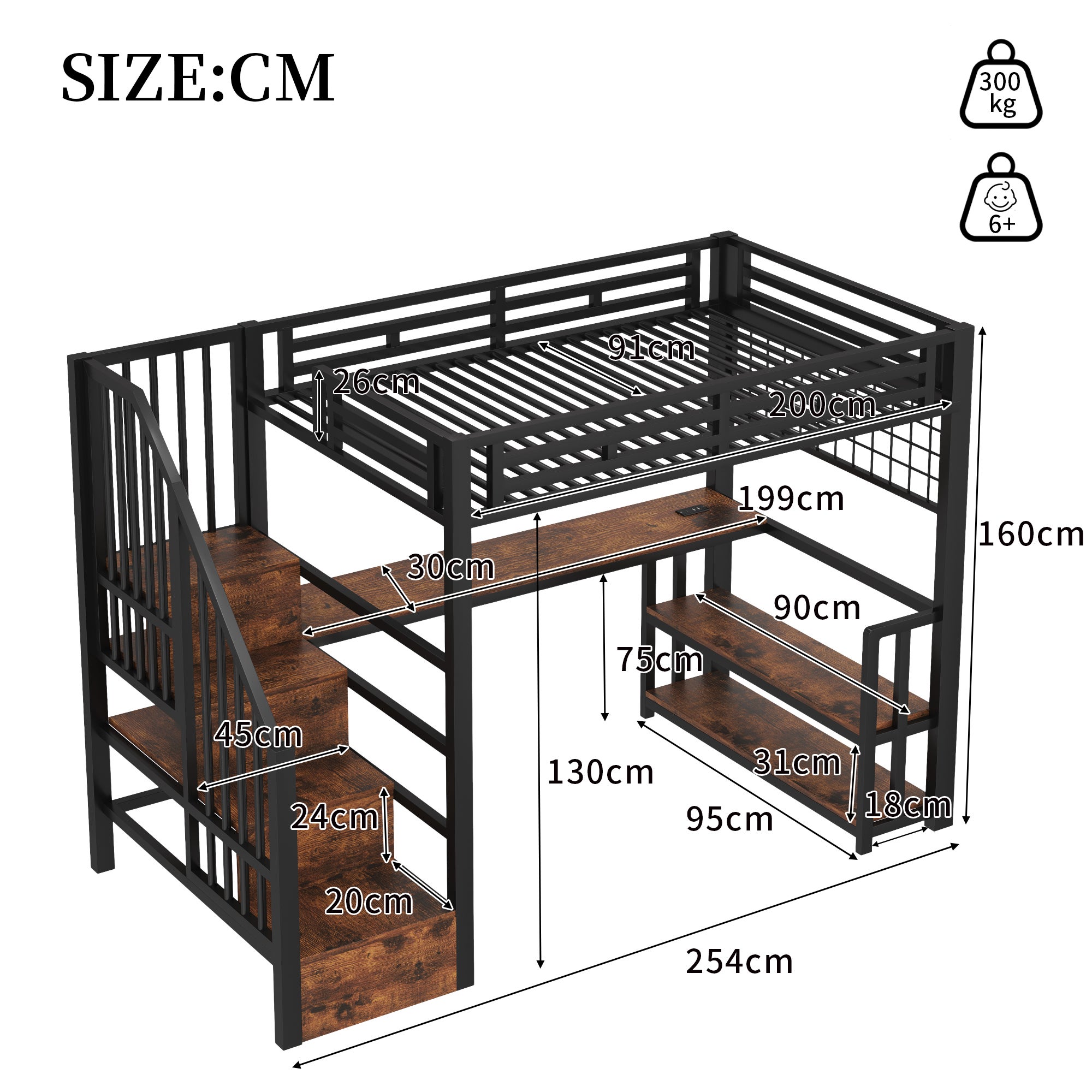 Lit mezzanine en fer 90x200 cm avec bureau, éclairage led et 2 usb + type-c, lit superposé avec étagères et treppe rangement, noir (sans matelas) - 4