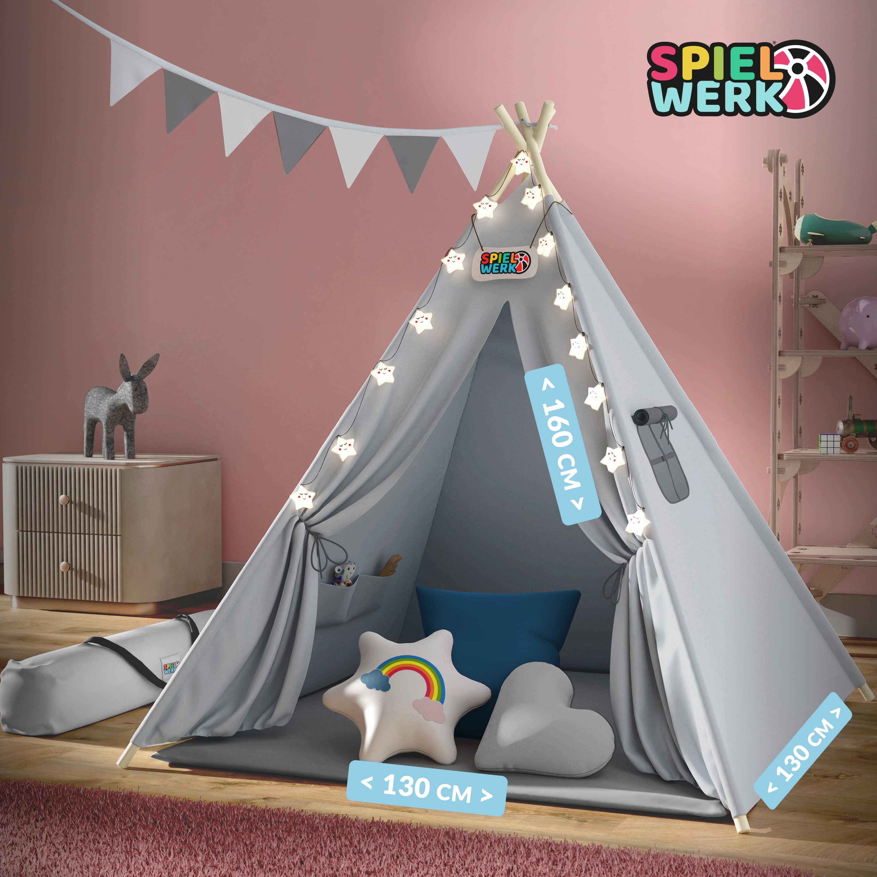 Spielwerk® Tipi Enfant Gris Avec Tapis Tente De Jeu Enfants Guirlande Lumineuse Tapis De Jeu 3 Coussins Chambre Enfant 96595341