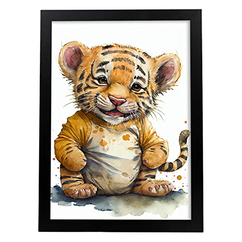 Poster de tigre en estilo acuarela ilustraciones infantiles a todo color de animalitos bebé sobre fondo blanco interiorismo y decoración a3 sin marco