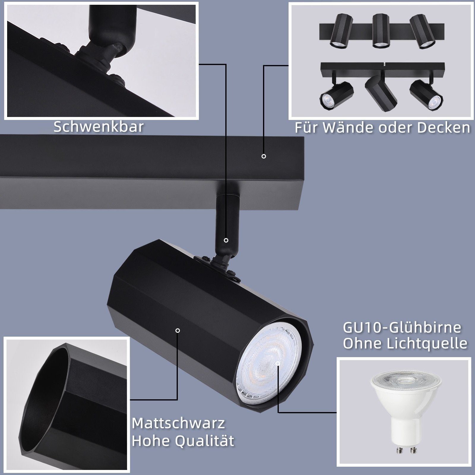 NETTLIFE Plafonnier 3 Spots Métal MAX. 25W GU10 Ampoules Noir Rétro Lampe de Salon Vintage orientable 350° pour cuisine, salle à manger - 2