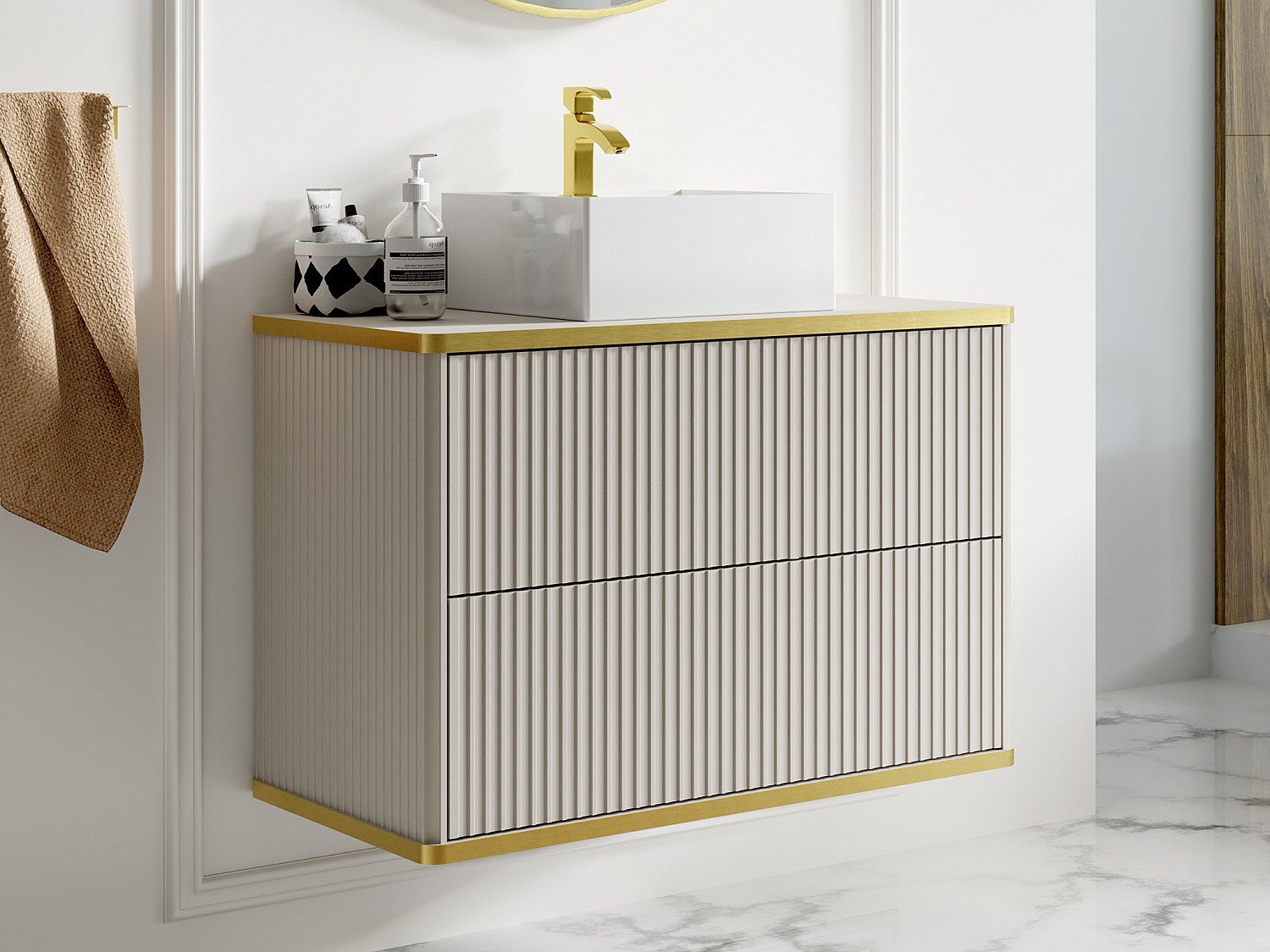 Szafka łazienkowa wisząca ryflowana ze złotą listwą i kwadratową umywalką nablatową - Beżowy - 80 cm - KELIZA