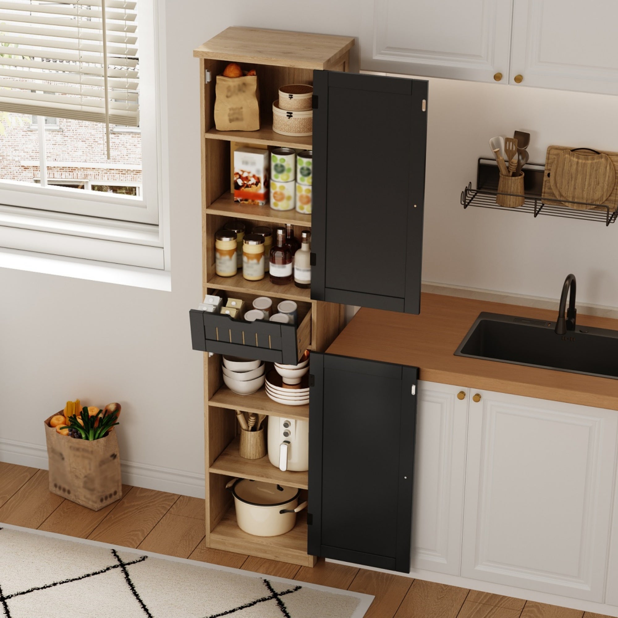 Colonne de rangement avec 2 portes, 1 tiroir et 4 étagères réglables, buffet de cuisine - 40 x 30 x 170 cm - MDF - Naturel + noir - 8