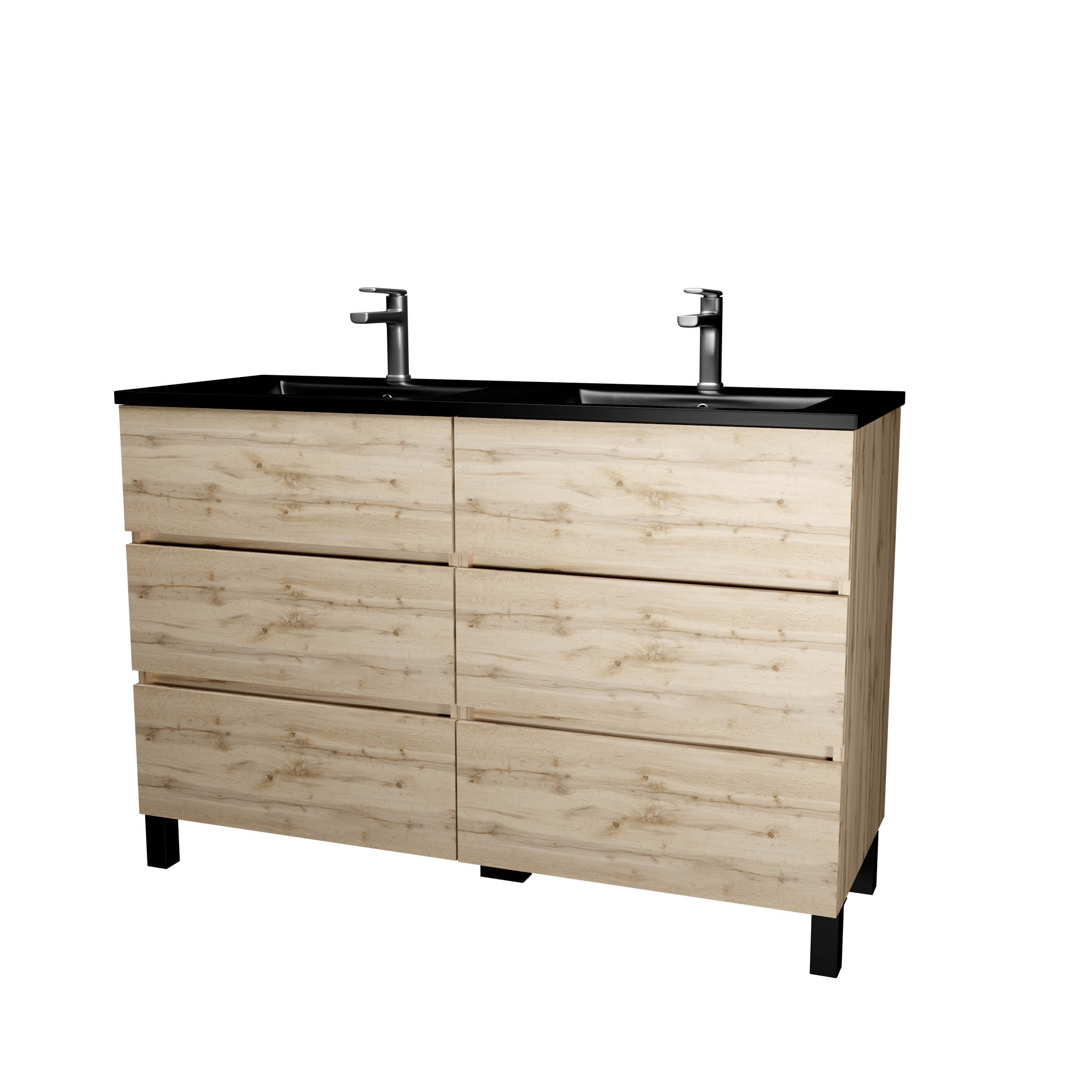 Meuble de salle de bains 120 cm 6 Tiroirs Chêne Naturel + Vasque Double Céramique Noire - TIMBER - 3