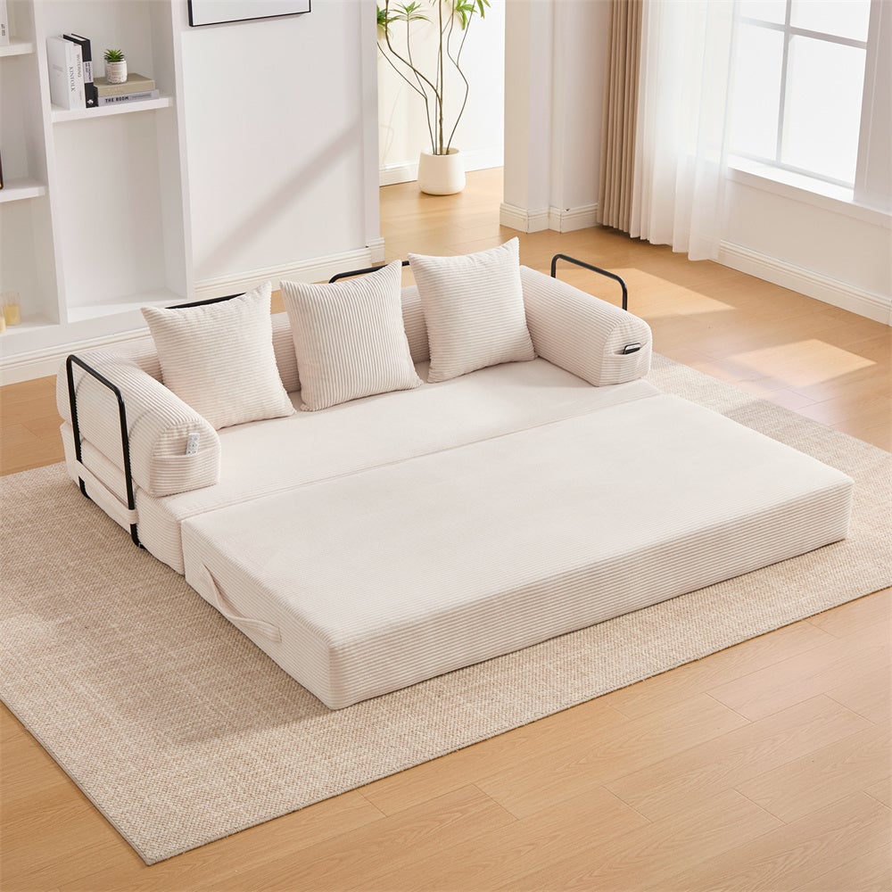 DRIPEX Canapé compressé 4-en-1 Pliable,Canapé modulable 3 places avec structure métallique,poches latérales et 3 coussins,Beige - 6