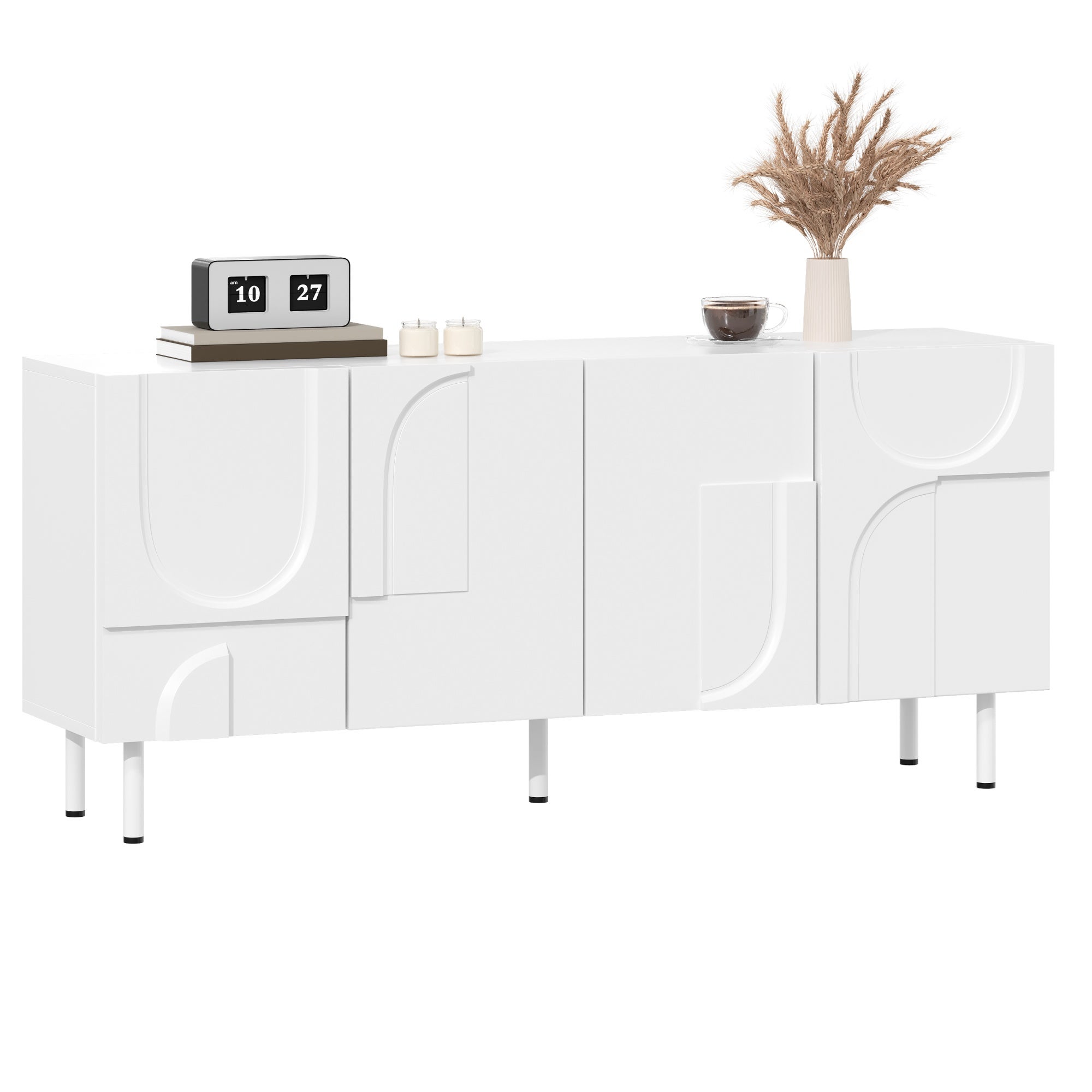 Nowoczesna komoda z 4 drzwiami - 160 x 38,5 x 70 cm - Płyta wiórowa + MDF - Nieregularny, zakrzywiony kształt - Kolor biały