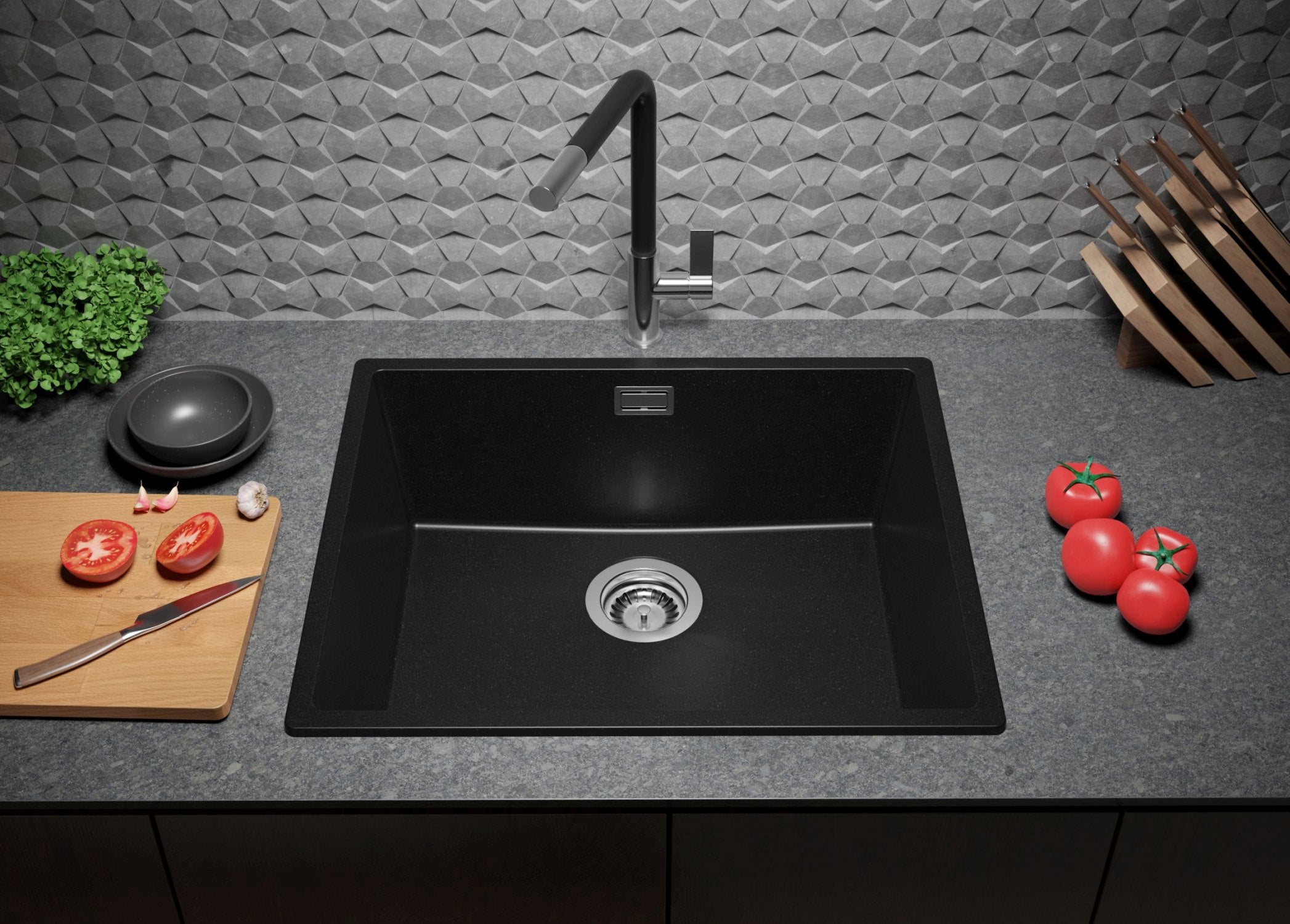 Lavello da Cucina Nero 56x47cm, Lavandino in Granito a 1 vasca + Sifone Classico, Lavabo da Cucina Incasso al mobile 60cm - London Slim PRIMAGRAN - 2