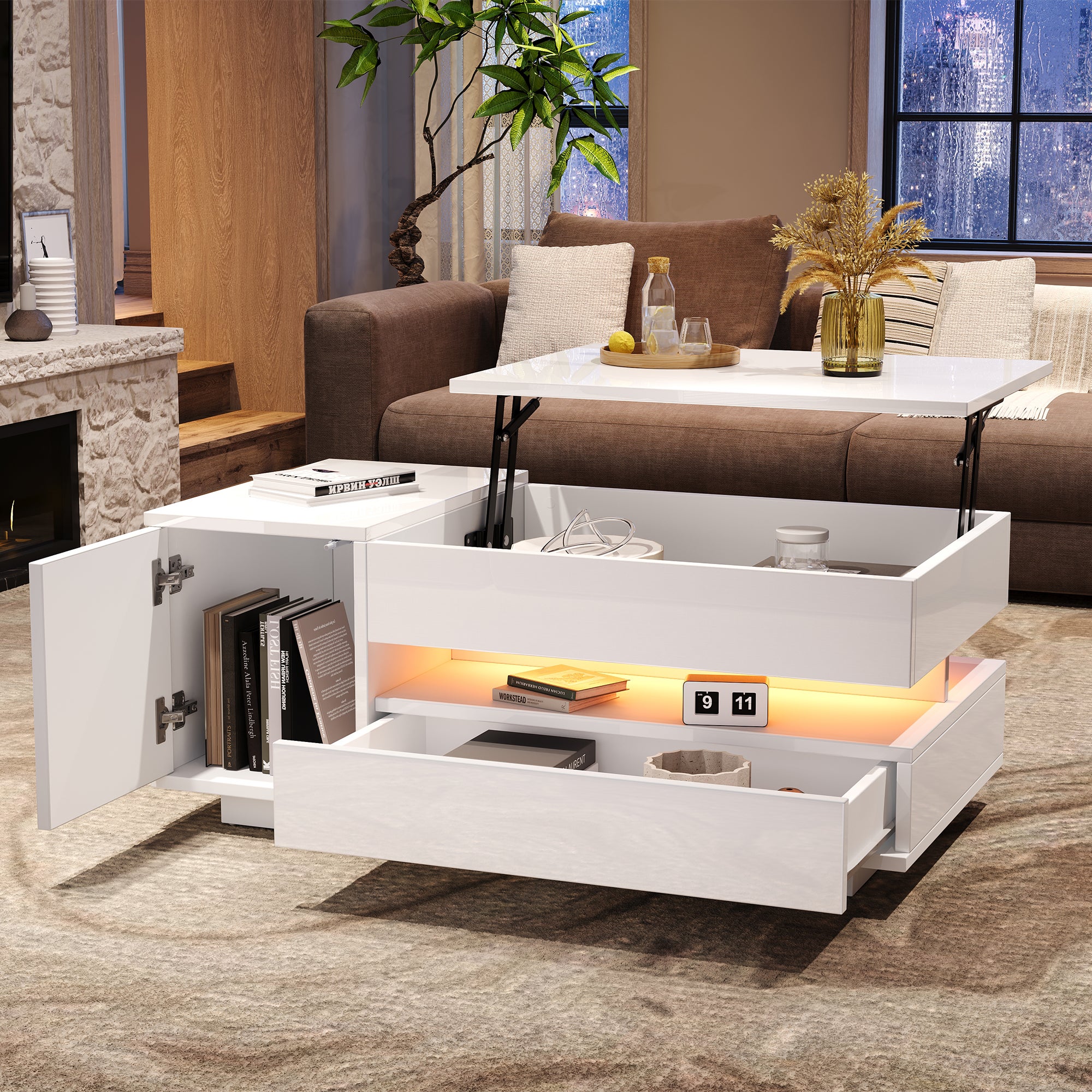 Podnoszony stolik kawowy z 1 drzwiami, 1 szufladą i 1 przegrodą - 95 x 50 x 40 cm - Diody LED - Płyta wiórowa - Błyszczący biały