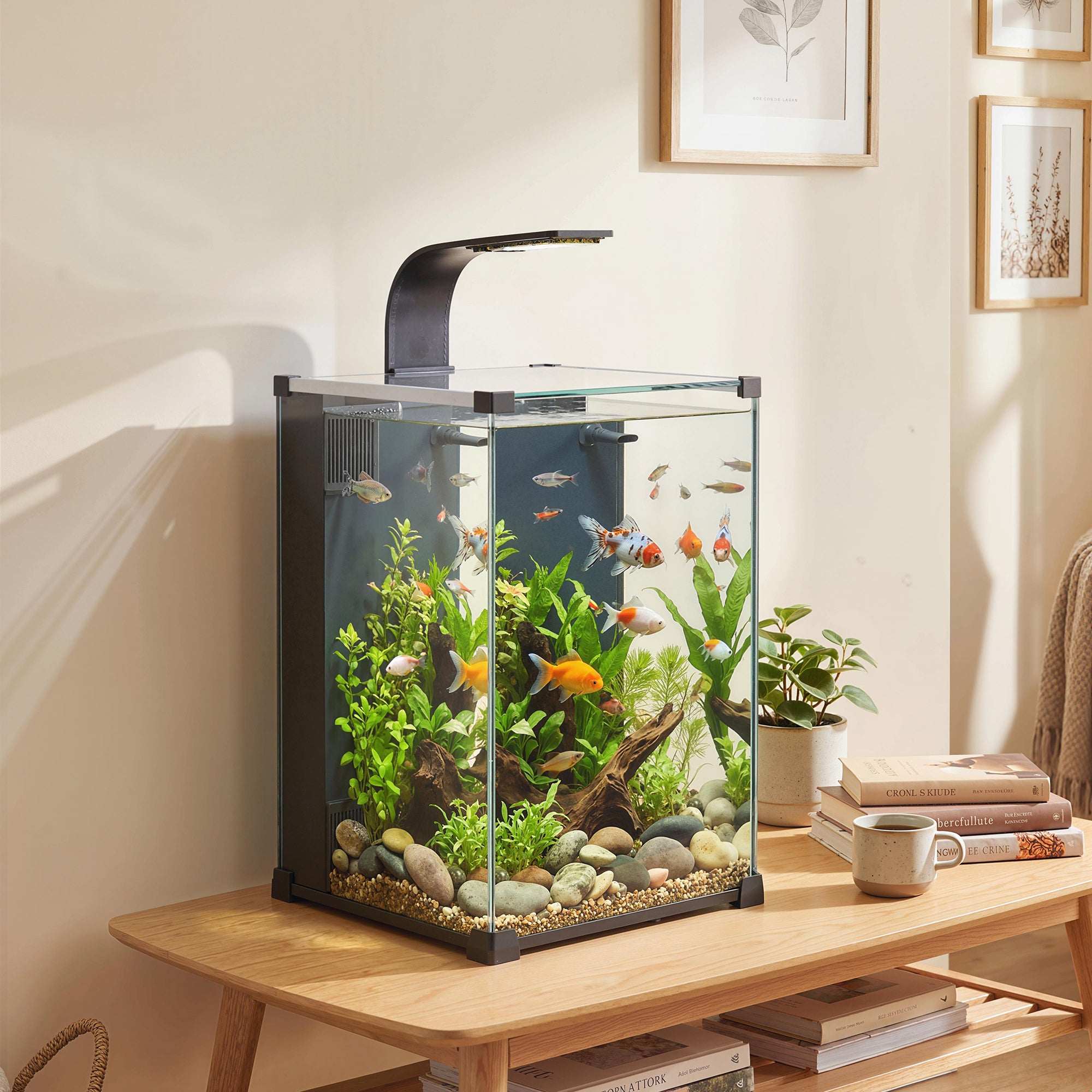 Nano acuario de cristal templado con filtro integrado, bomba de 5 W e iluminación LED, 30x30x45 cm, negro. - 4