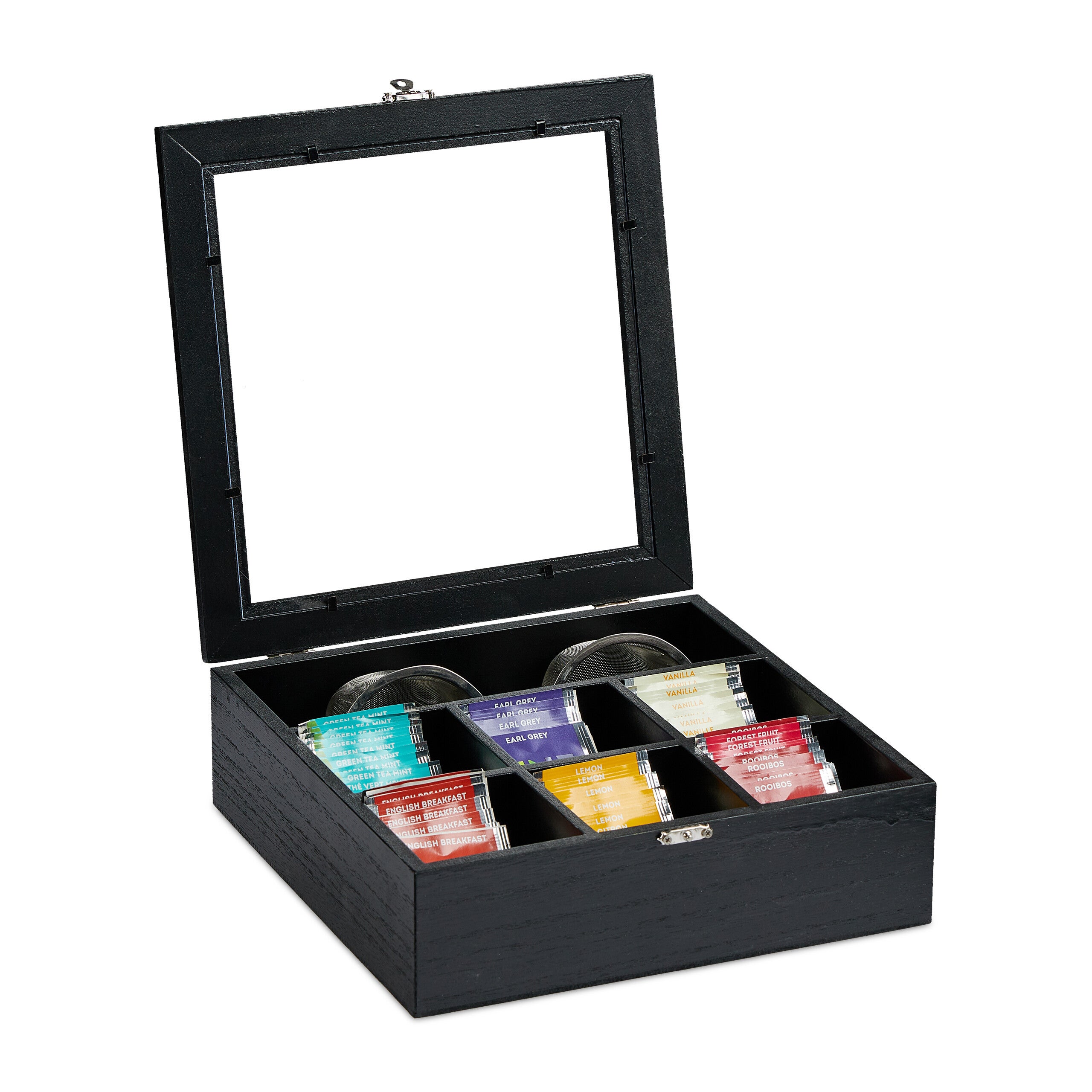 Boîte à Thé Bambou 9 Cases - Fenêtre Transparente - Rangement Sachets Thé Et Café - 23,5x23,5 Cm