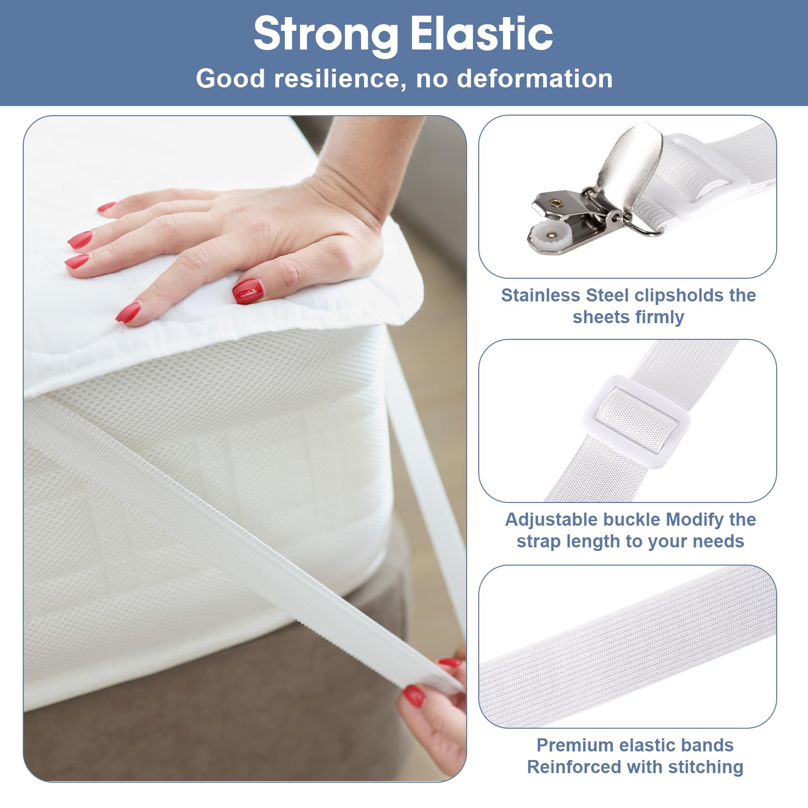 6 Pièces Tendeur Drap Housse,60-220CM Tendeurs De Drap RéGlables pour Drap De Lit,Attache pour draps, Matelas, Blanc - 4