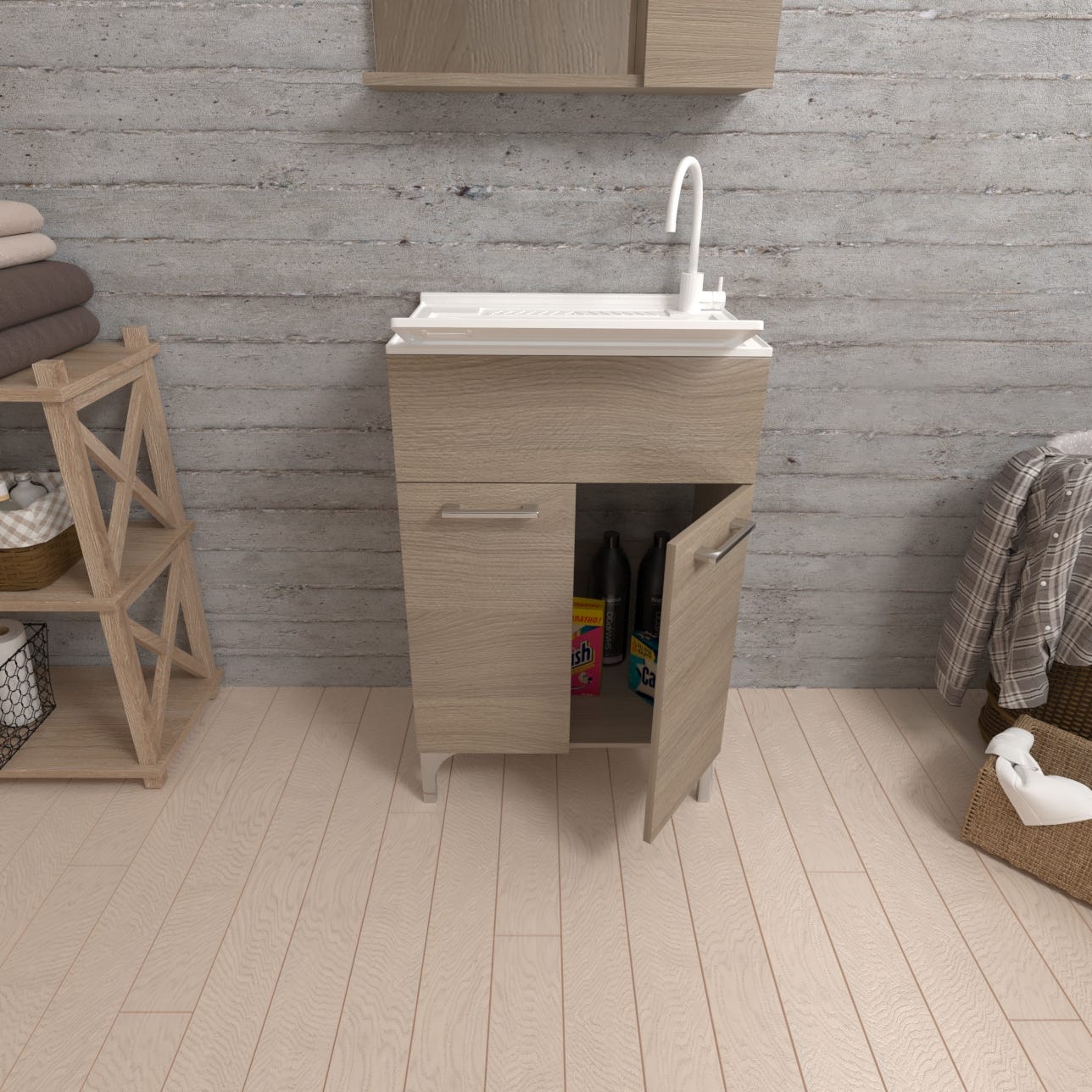 Lavatoio 50x50 con ante quercia naturale e tavola lavapanni | Pratico - 3