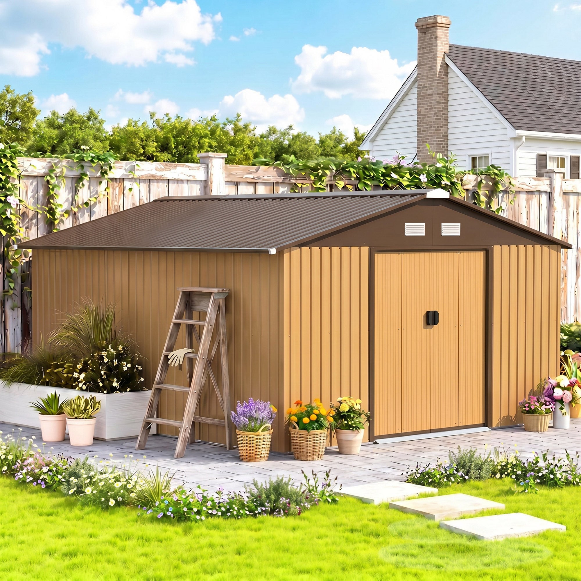 Cobertizo caseta jardín de acero Outsunny 340x386x200 cm ocre oscuro - 2
