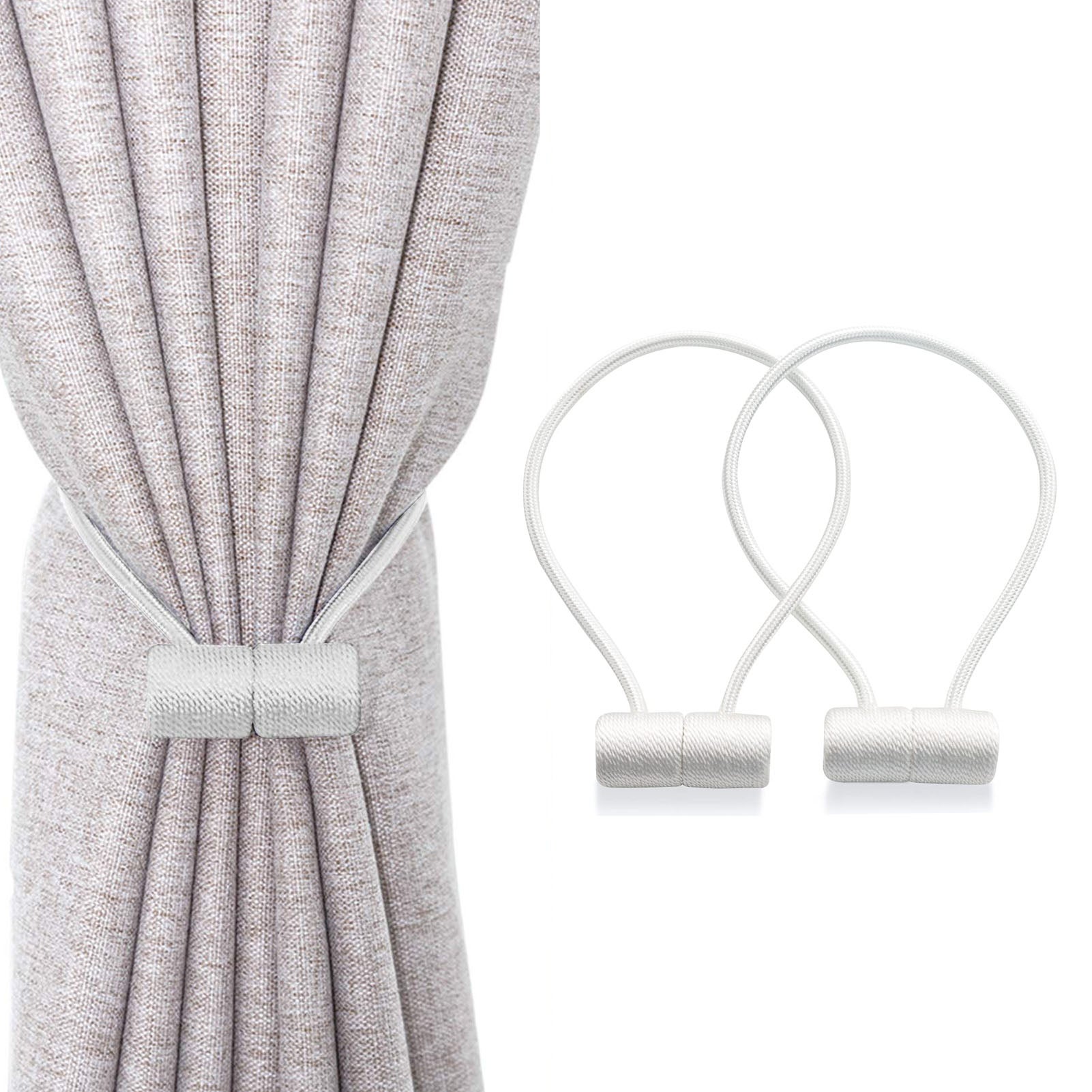 Zestaw 2 magnetycznych podwiązek do zasłon, białe podwiązki do zasłon z magnesami, do zasłon domowych