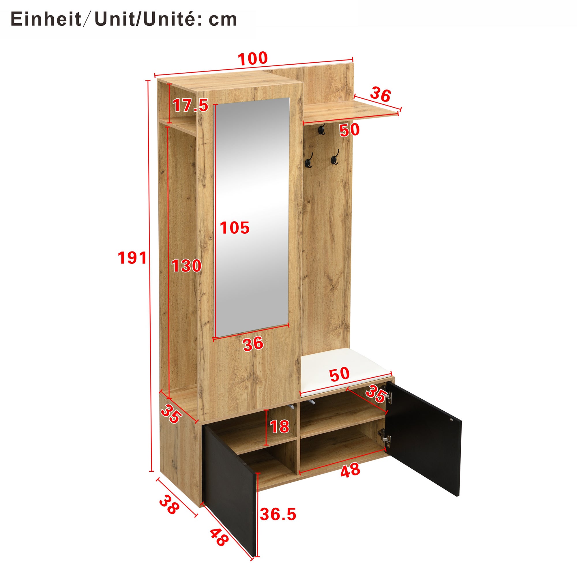 Ensemble meuble à chaussures avec banc + miroir + armoire ouverte - 100 L x 38 l x 191 H cm - 2 portes - MDF - Naturel + noir - 2