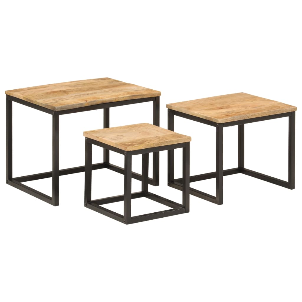 Set 3 Tables Basses Gigognes VidaXL – Bois Massif Manguier + Fer, Tables Empilables, Chevet Ou Salon Gain De Place