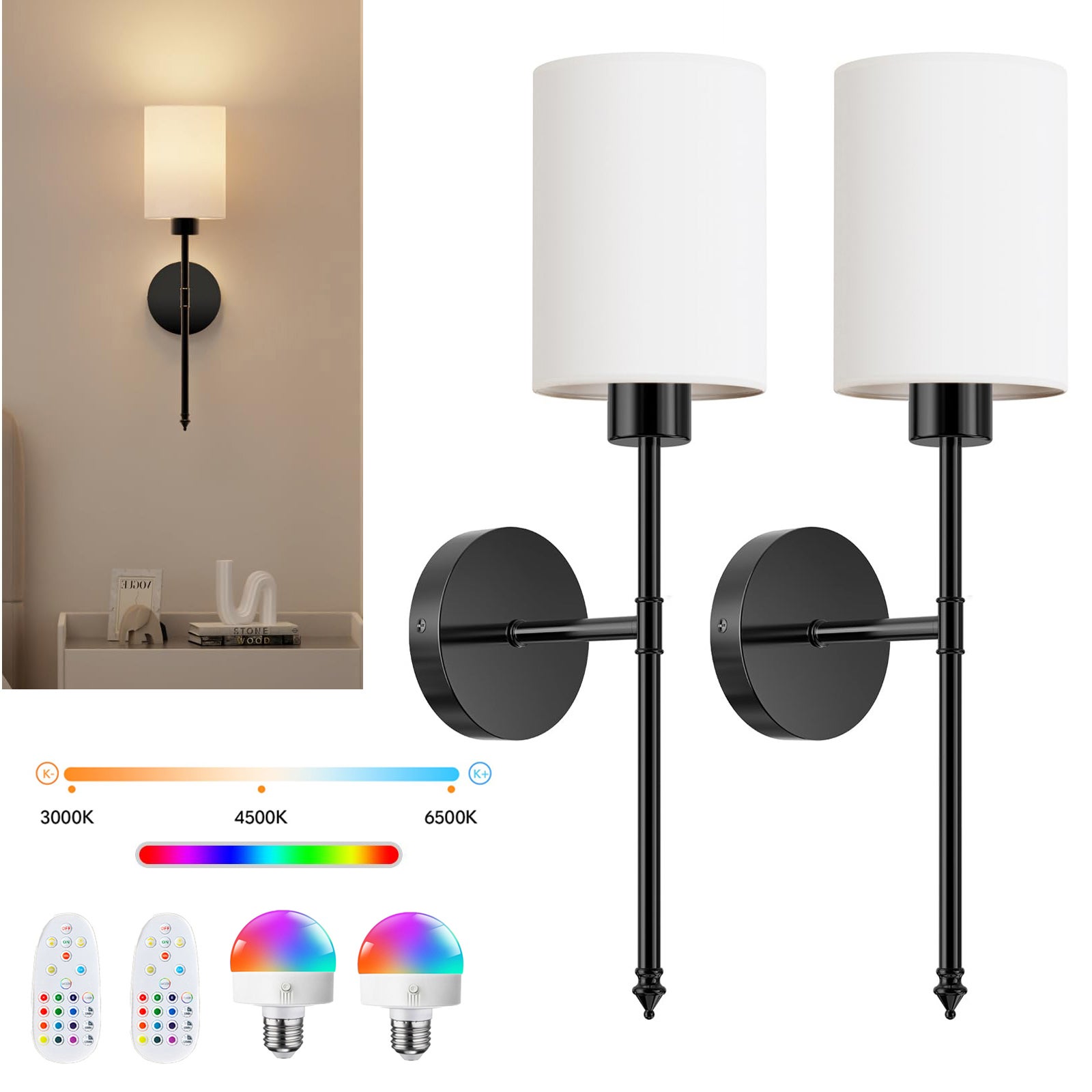 Appliques Murales Sans Fil Rechargeables – Lot De 2, Avec Télécommande, RGBW, 5000 MAh, Abat-jour Tissu, Pour Chambre Salon - 10