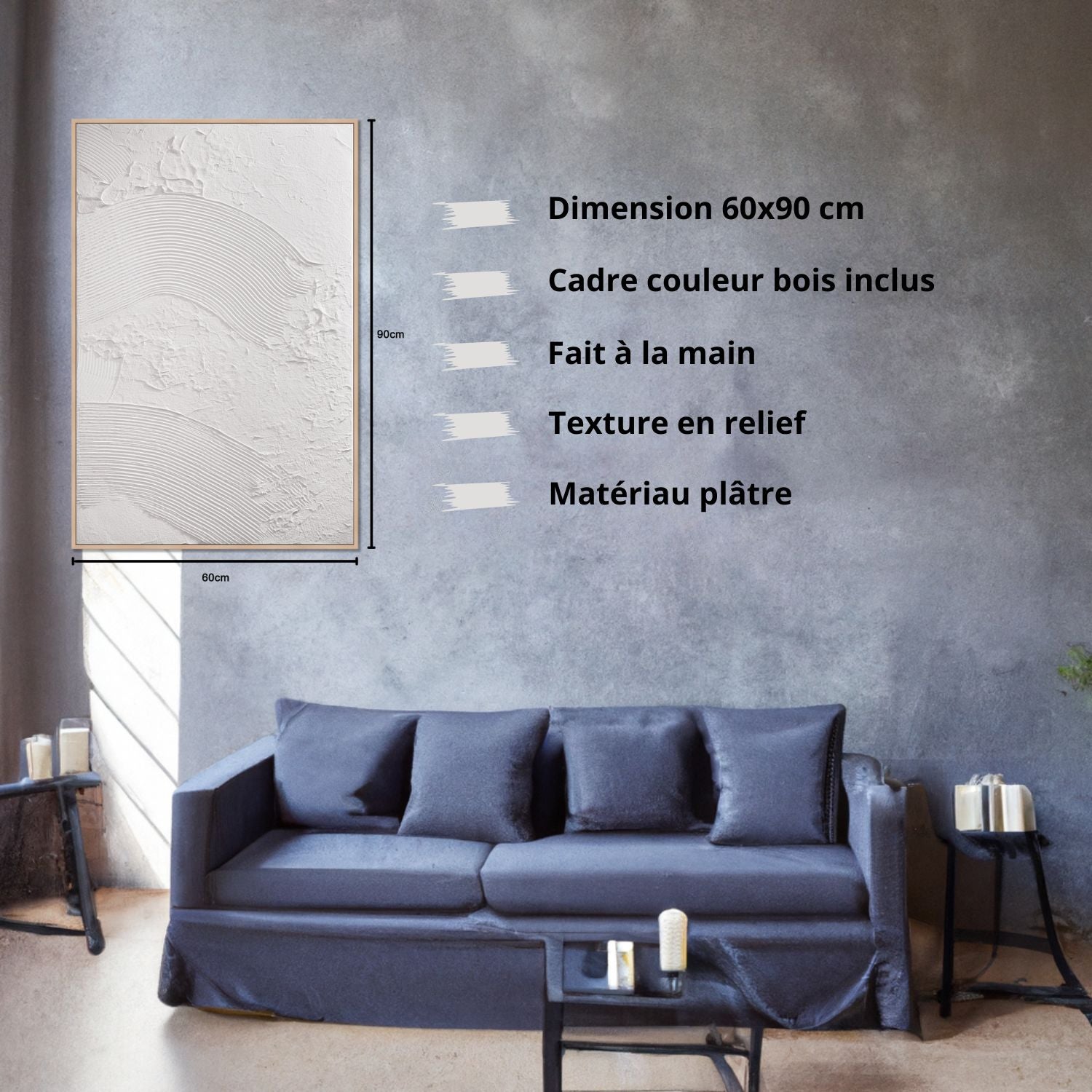 DekoArte - Tableau decoration murale salon avec relief BRISA 90x60cm - Tableaux avec cadre couleur bois inclus - 6