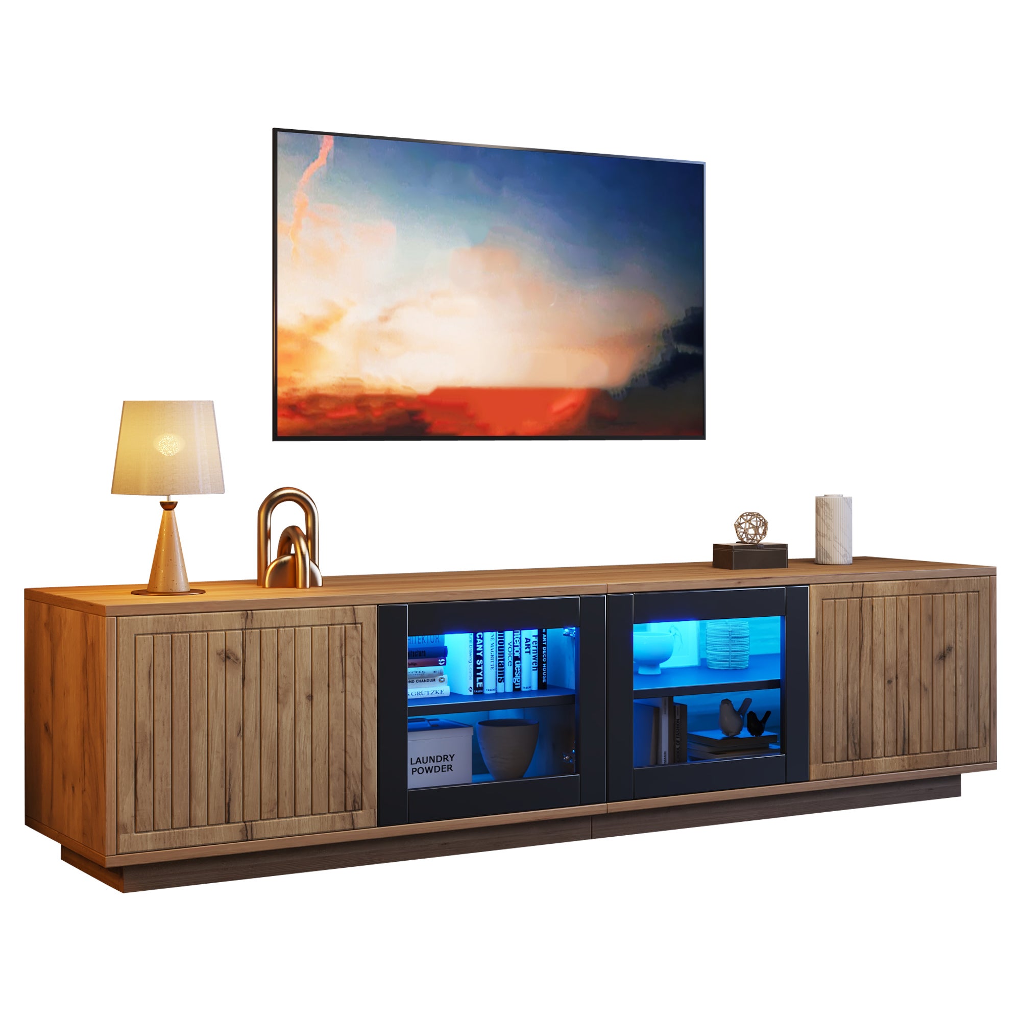 Stolik pod TV 180x40x45 cm - z oświetleniem LED - 4 drzwi - Panel szklany - Płyta wiórowa - Kolor naturalny + czarny - 6