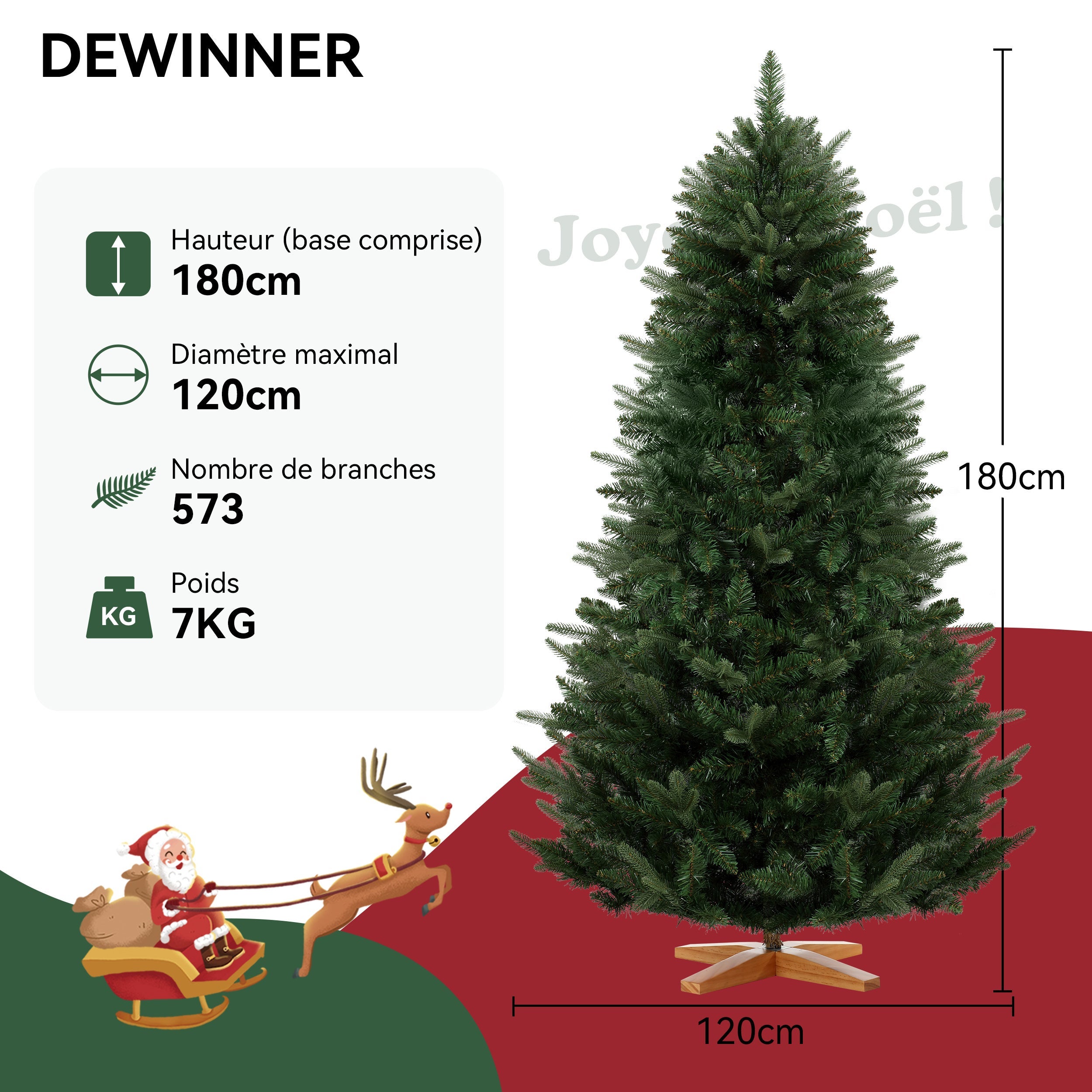 DEWINNER Sapin de Noël Artificiel Extra Dense,180 cm,573 Branches,Support Bois - 5