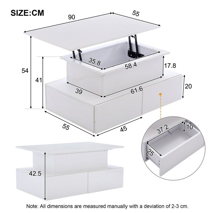 Table basse relevable LED, 90 x 55 x 41cm, Table d'appoint moderne salon, avec 4 grand tiroirs, rangement caché Blanc - 6