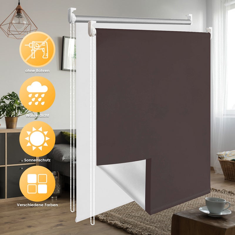 Estor enrollable opaco térmico con tirador lateral sin taladrar, 40cm x 160 cm, marrón