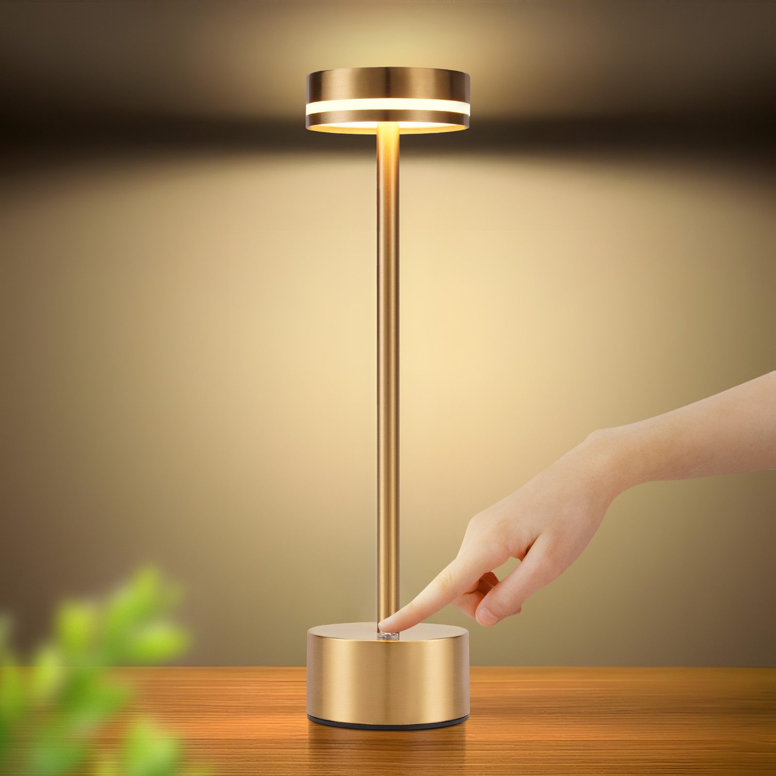 NETTLIFE Meoaow Bezprzewodowa lampa stołowa LED, ładowalna przez USB-C, ściemnialna, sterowanie dotykowe, złota, idealna do sypialni i jadalni